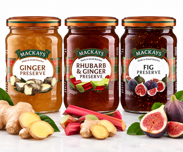 Mackays Preserve Trio – Ginger, Rhubarb & Ginger and Fig Preserves, 340g each