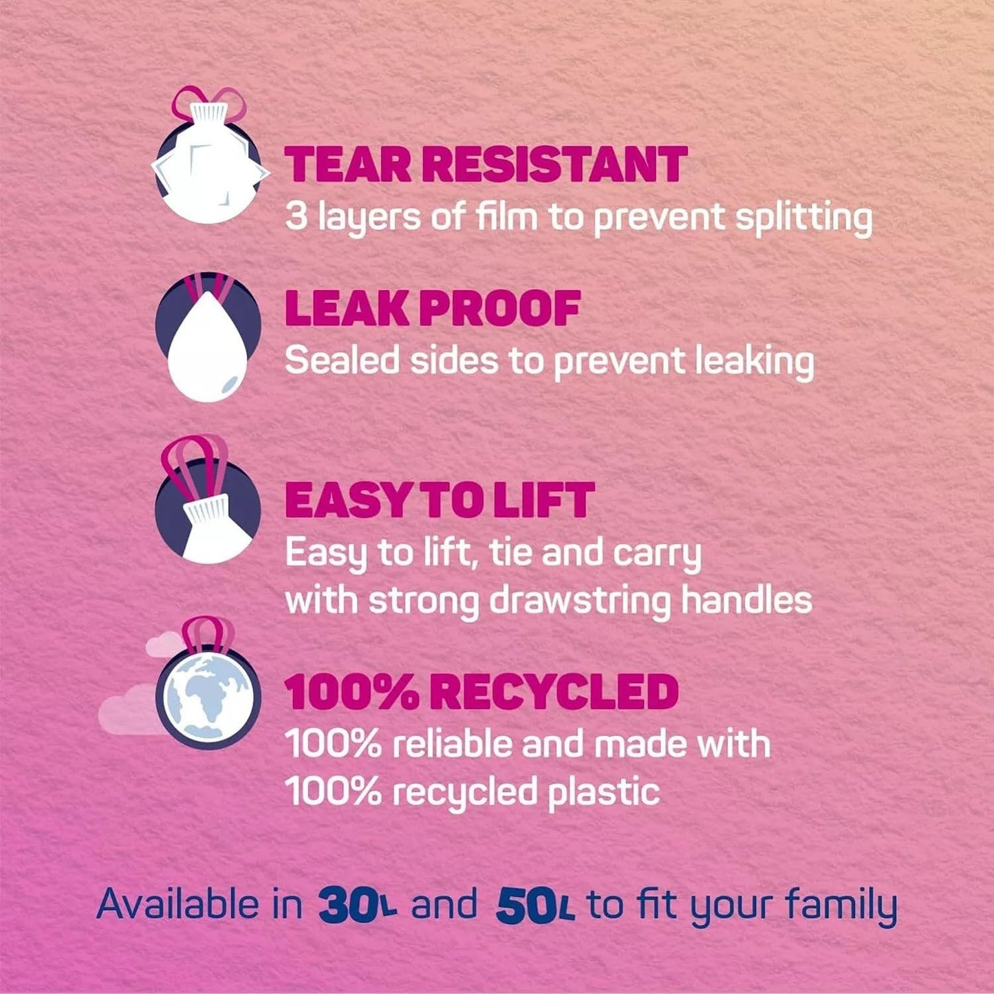 Bacofoil Elasti-Fit Bin Liners with Drawstring Handles 50L - Leak-Proof Bin Bag with Elastic Fastening for a Secure Fit (3 Rolls, 30 Bags)…