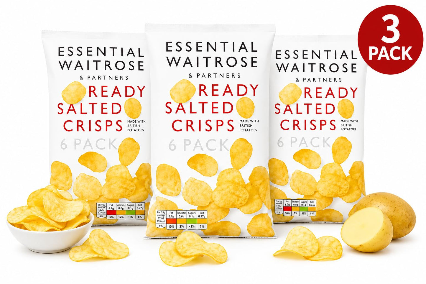 Essential Ready Salted Multipack Crisps 6x25g, Pack of 3