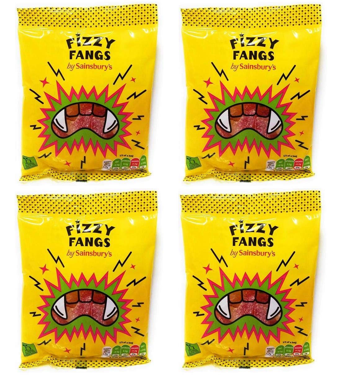 Sainsbury's Fizzy Fangs | Strawberry Flavour Gum Sweets | 4 x 75g Bags | Vegan & Vegetarian | No Gelatine Free