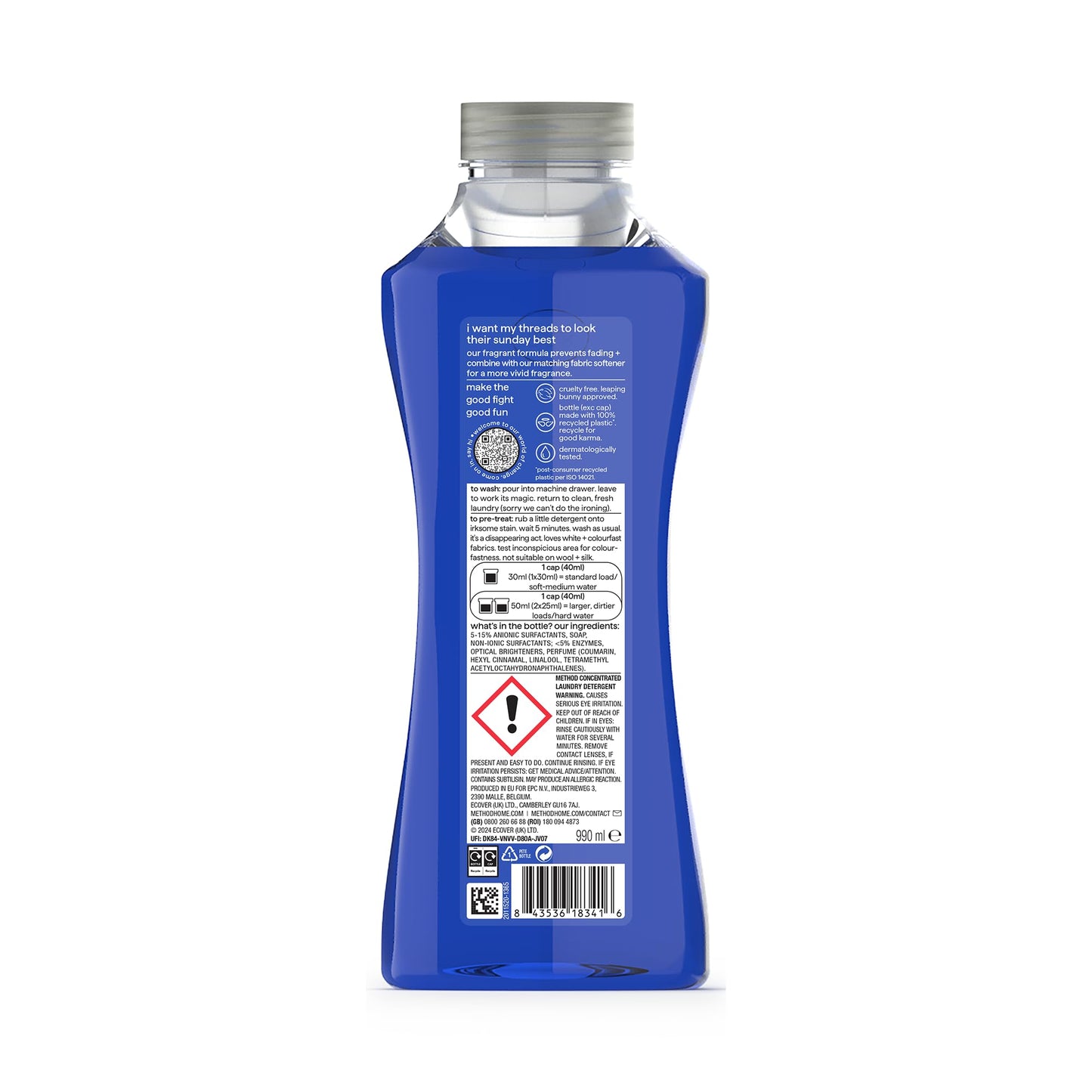 method Concentrated Laundry Detergent, Washing Liquid Fresh Berry Scent, 1 x 33 Washes, 1 x 990ml