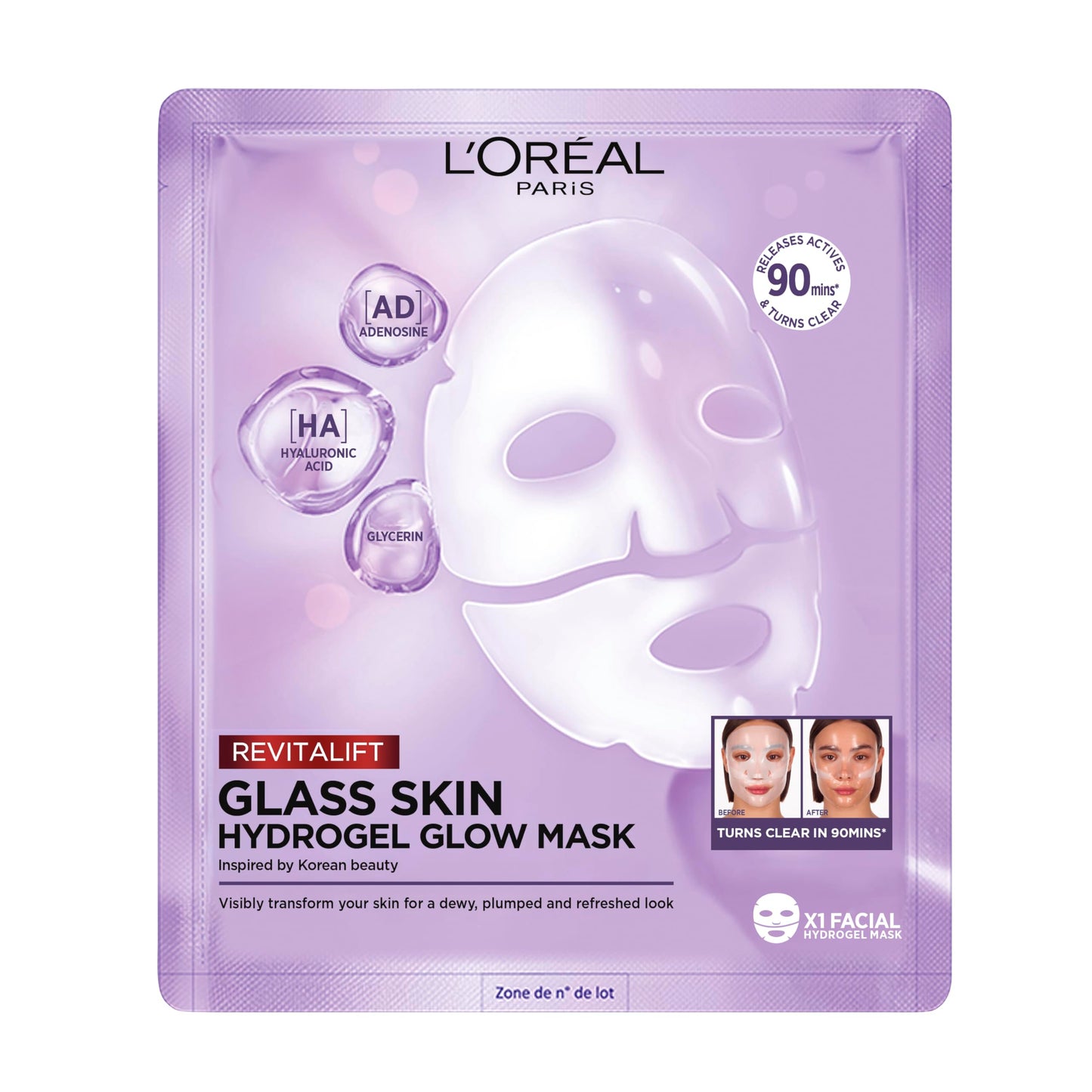 L'Oreal Paris Revitalift Filler Glass Skin Hydrogel Glow Mask, Korean-Skincare Inspired Masks, 1pc
