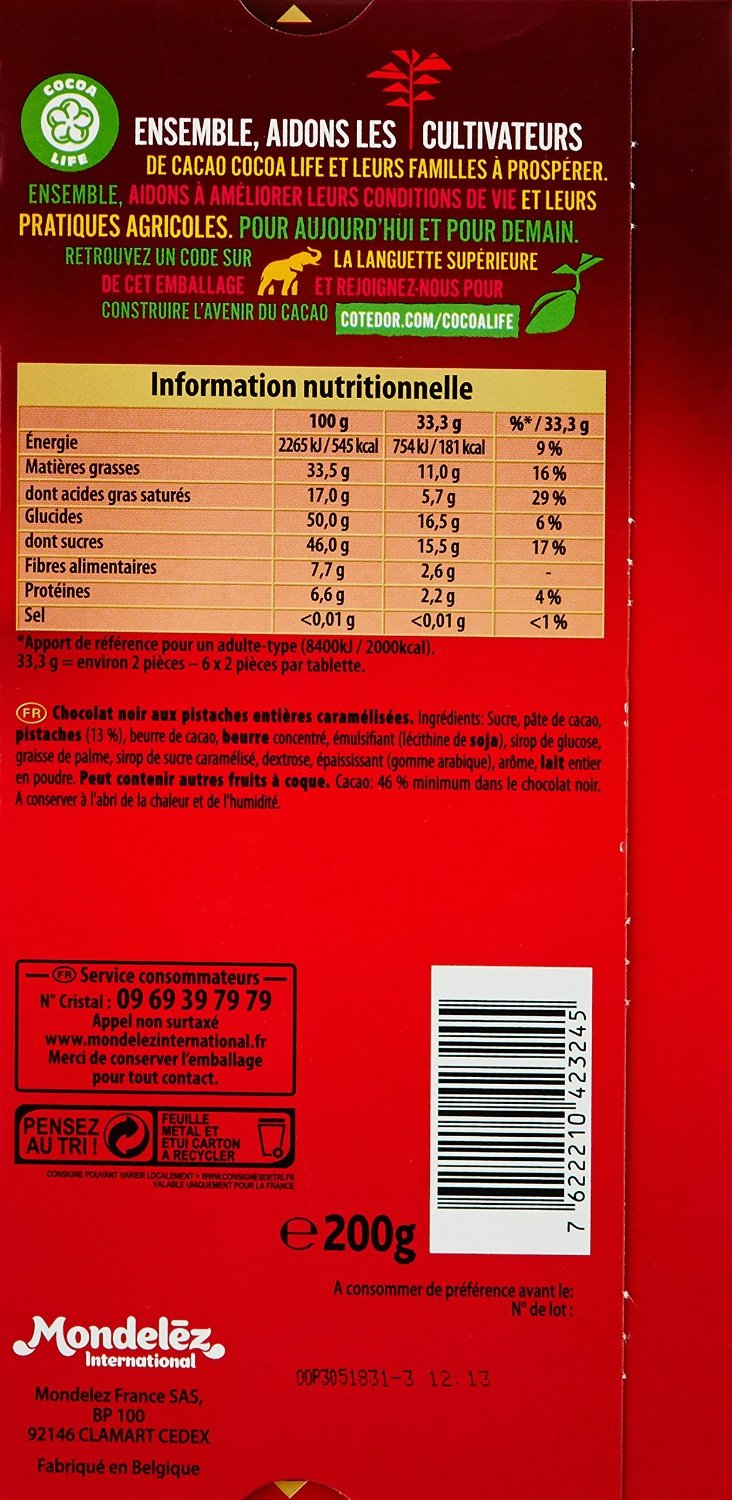 Côte d'Or - Belgian Dark Chocolate & Caramelized Pistachios 70% - Bloc Chocolat Côte d'Or Noir Pistaches Caramélisées - 200g
