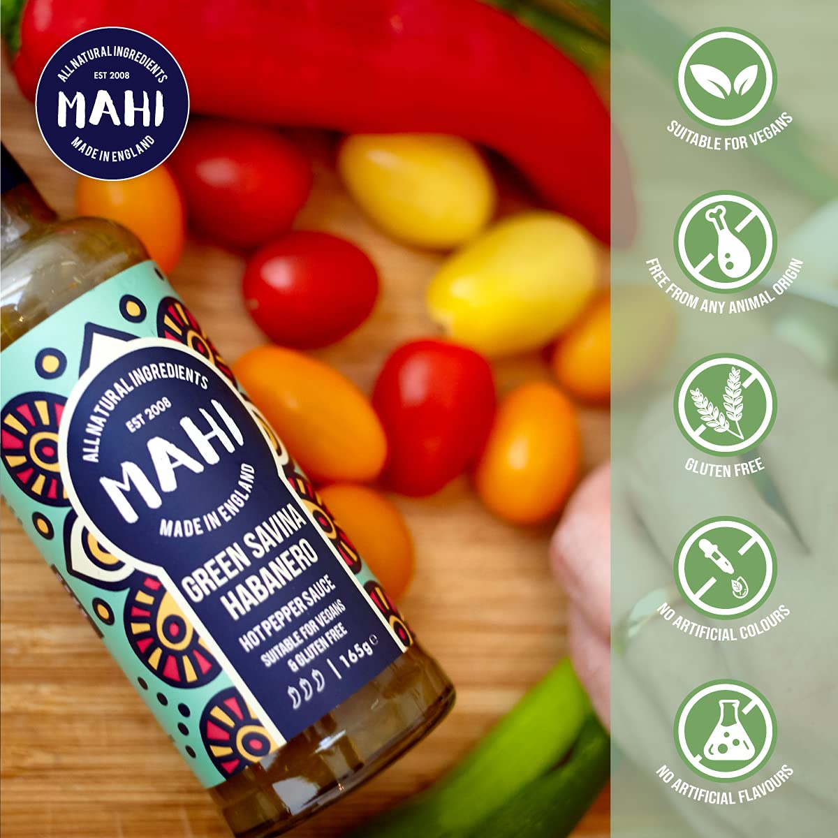 MAHI Green Savina Hot Sauce - Mild Spicy Heat, Perfect for BBQs & Every Day, Gluten Free (GF) Vegan Sauce, 165g