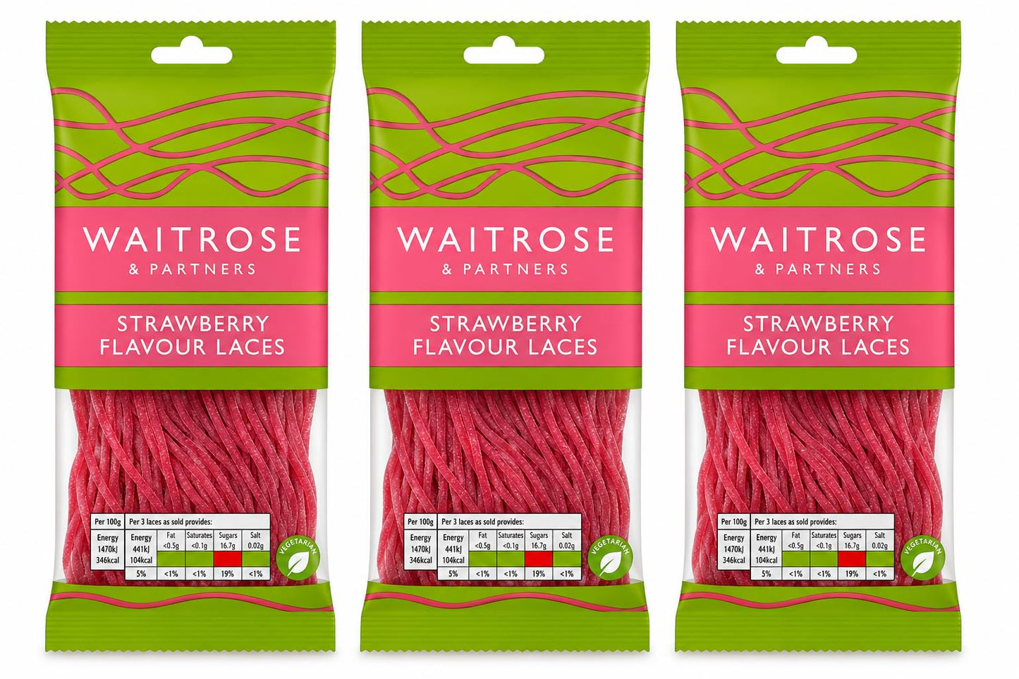 Waitrose Strawberry Flavour Laces 65g, Pack of 3
