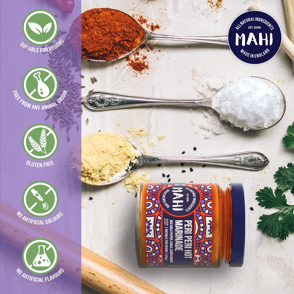 MAHI Peri-Peri Hot Marinade Sauce - Medium Spicy Chilli Heat, Perfect for BBQs & Every Day, Gluten Free (GF) Vegan Sauce, 200g