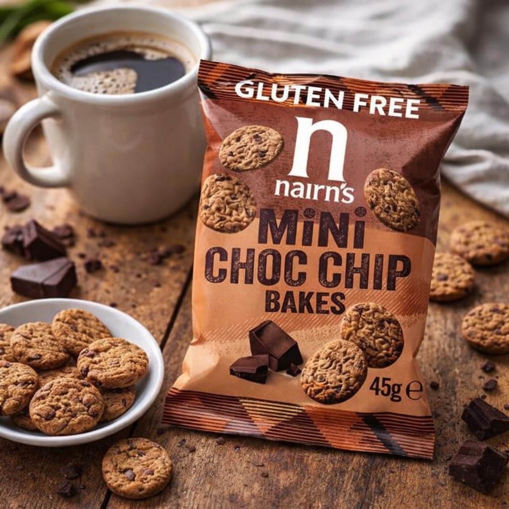 Nairn's Gluten Free Mini Choc Chip Bakes - 45g (Pack of 12) - Wholegrain Oats - Source of Fibre - Healthy Cheese Snacks - Suitable for Coeliacs