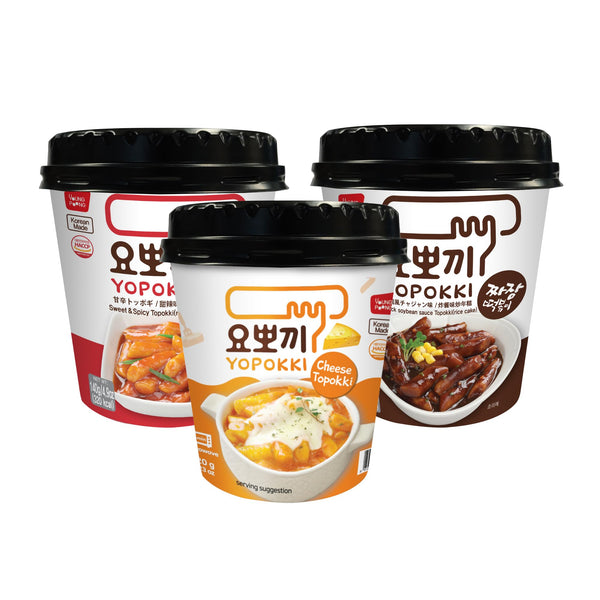 Yopokki Pack of 3 | Available in Cheese, Sweet & Spicy, Jjajang Rice Cake Cup Topokki Tteokbokki - Instant Korean Snack