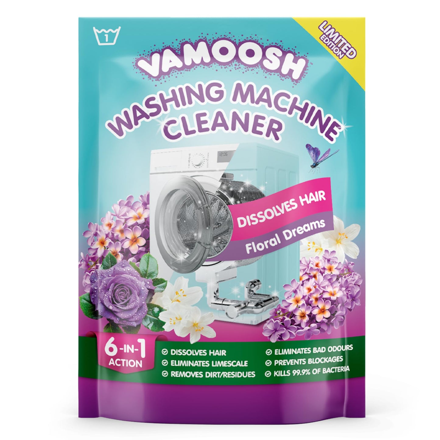 Vamoosh 6-in-1 Washing Machine Cleaner, Dissolves Hair, Eliminates Bad Odours, Removes Limescale, Deep Clean, Leaves Smelling Fresh, Antibacterial, Descales