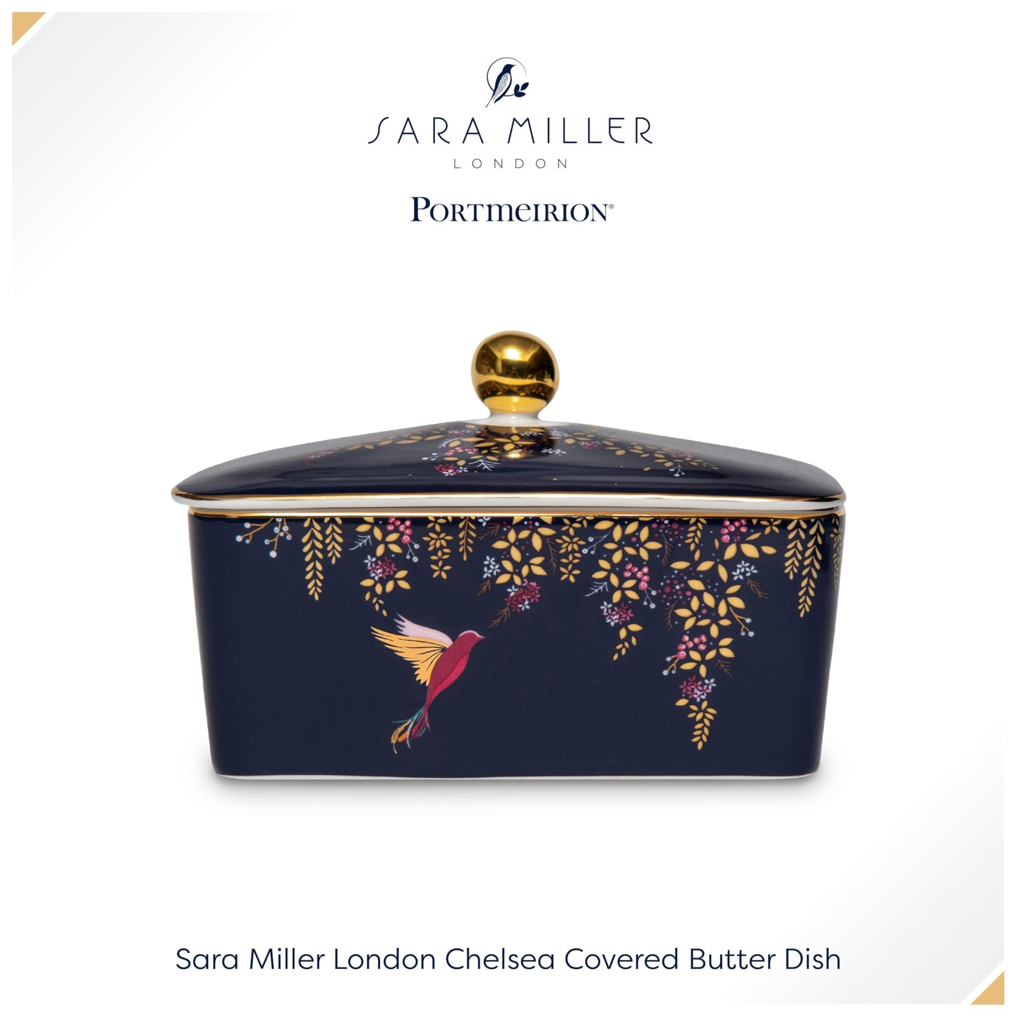 Portmeirion x Sara Miller London Butter Dish - Navy Blue Ceramic Butter Dish with Lid, 22ct Gold Detailing, Suitable Gift for Farmhouse and Kitchen Lovers