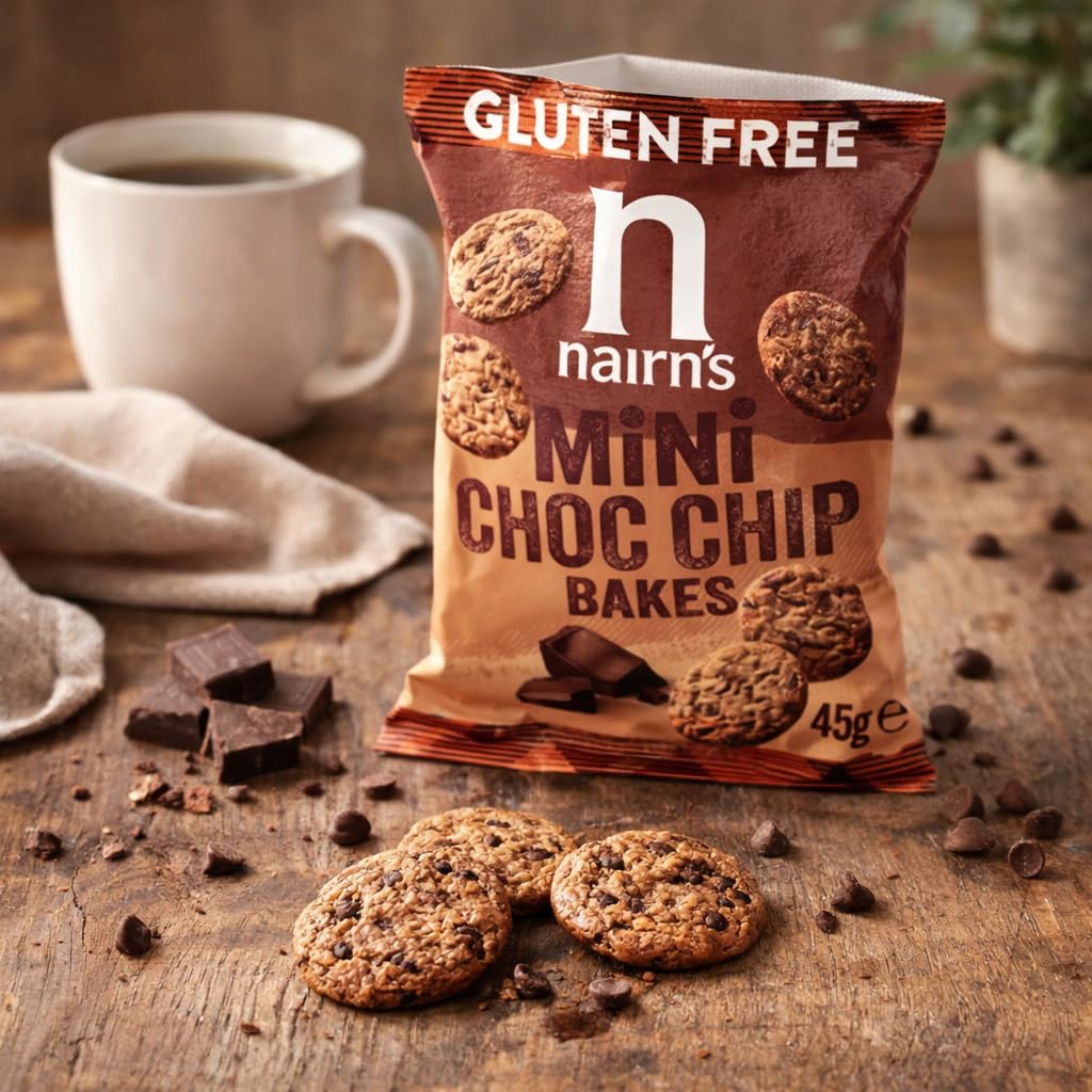 Nairn's Gluten Free Mini Choc Chip Bakes - 45g (Pack of 12) - Wholegrain Oats - Source of Fibre - Healthy Cheese Snacks - Suitable for Coeliacs