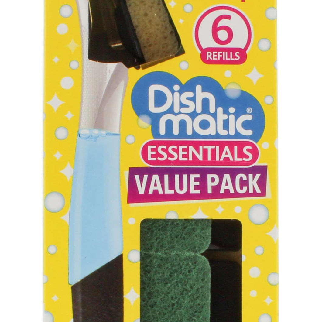 Dishmatic Value Pack Kit – 1x Refillable Washing-Up Liquid Dispensing Handle with 6x Replaceable General-Purpose Sponge Heads – Antibacterial Kitchen Washing-Up Handle with Easy-Grip Handle