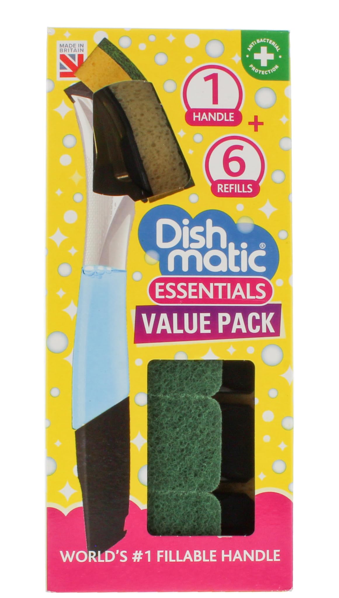 Dishmatic Value Pack Kit – 1x Refillable Washing-Up Liquid Dispensing Handle with 6x Replaceable General-Purpose Sponge Heads – Antibacterial Kitchen Washing-Up Handle with Easy-Grip Handle