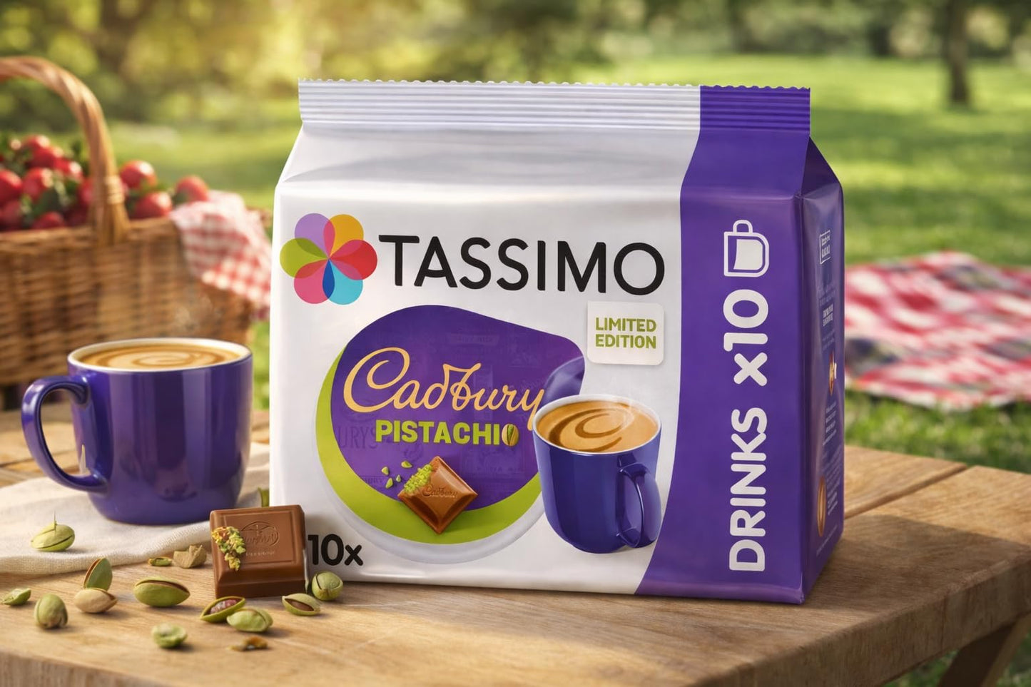 Tassimo Cadbury Pistachio Coffee Pods x10 (Pack of 1, Total 10 Drinks) Chocolate Pistachio Flavour T DISCs, Creamy Hot Drink Capsules
