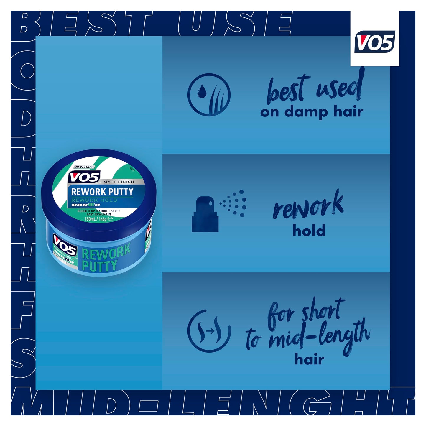 VO5 Rework Putty, 150ml, Matt Finish Hair Styling Product, Strong Hold Level 4