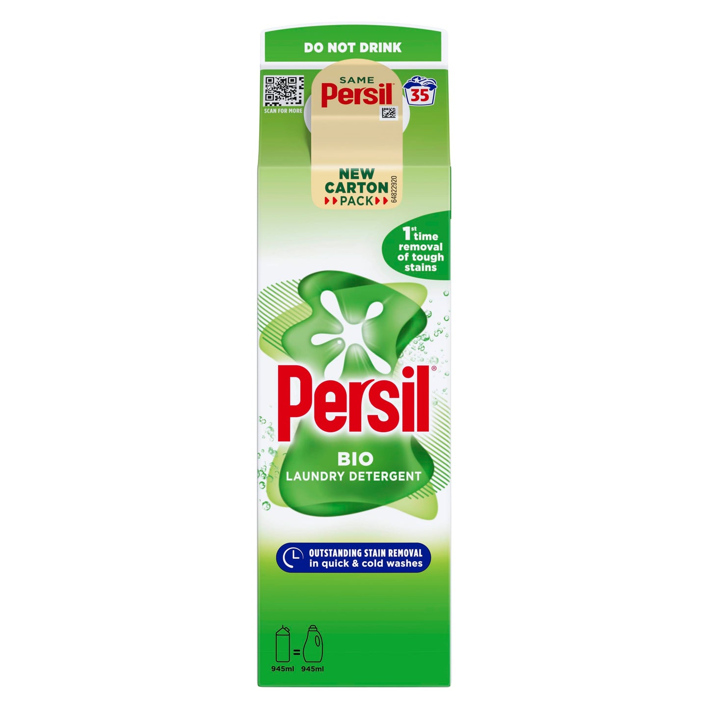 Persil Bio Laundry Washing Liquid Detergent 1st time removal of tough stains outstanding stain removal in quick & cold washes 35 washes (945 ml)