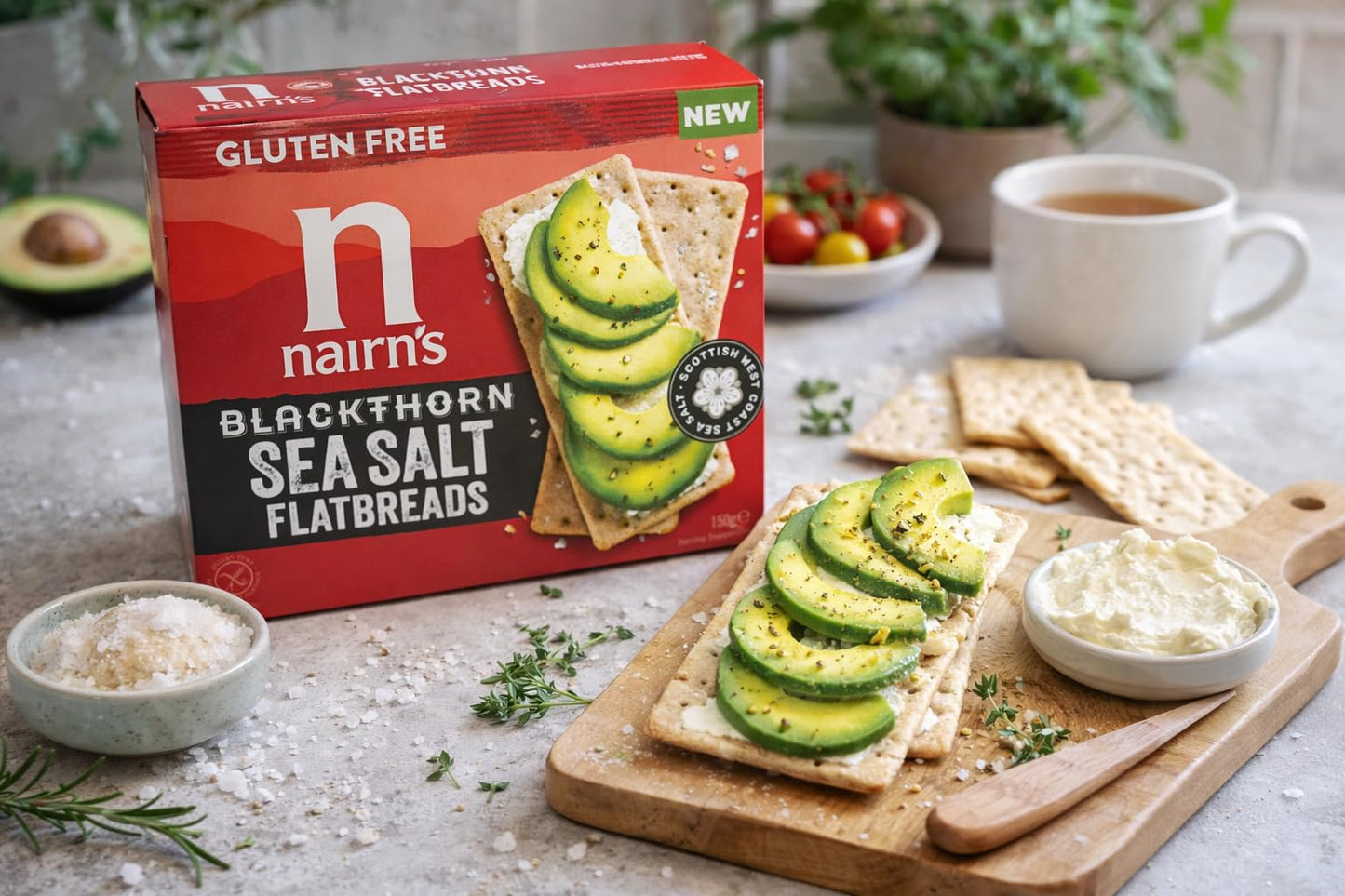 Nairn's Gluten Free Blackthorn Sea Salt Flatbreads - 150g (Pack of 3) - Wholegrain Oats - High in Fibre - Plant Based Flatbreads - Healthy Snacks - Suitable for Coeliacs
