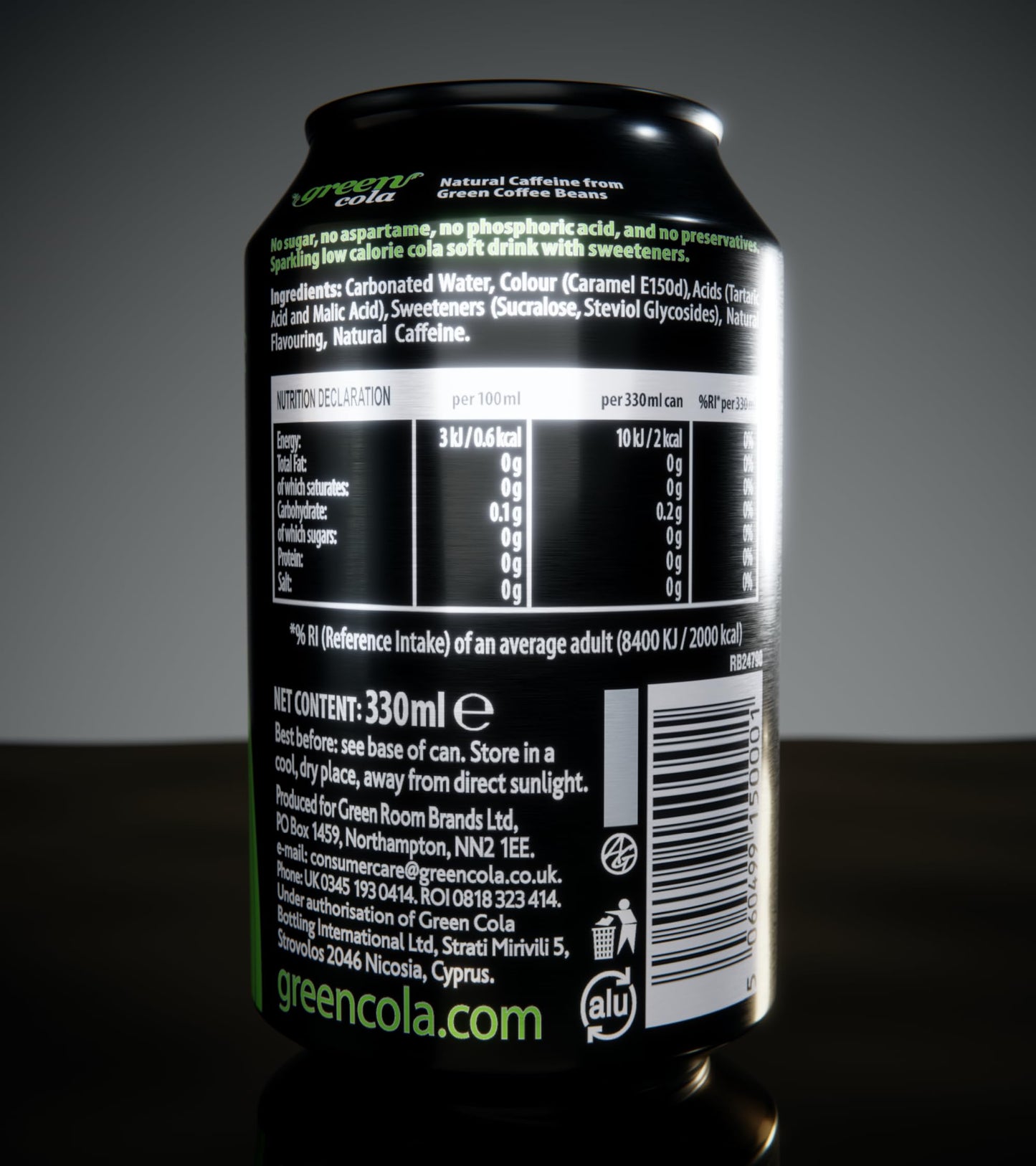 Green - Low Calorie Soft Drink - Sweetened with Stevia, Sugar-Free, Naturally Caffeinated from Green Coffee Beans, No Aspartame - Delicious and Healthy Alternative