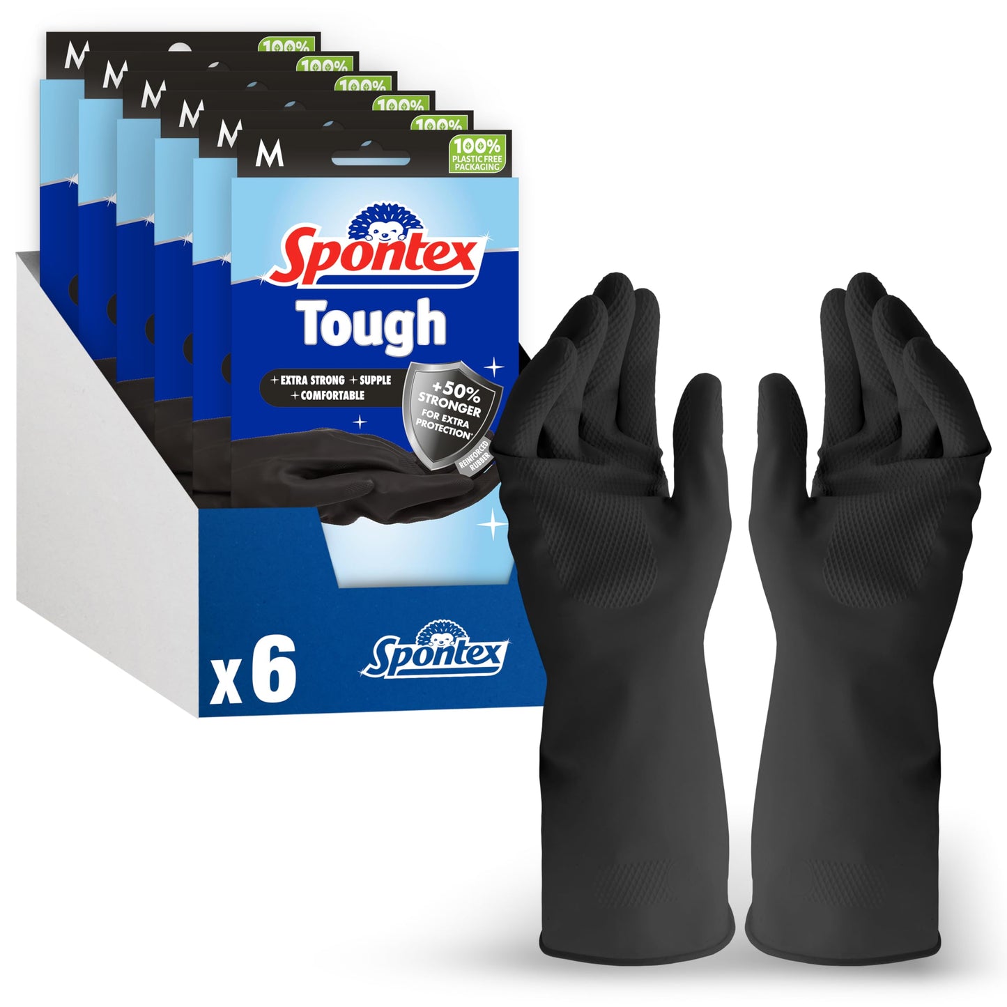 Spontex Tough Reusable Rubber Gloves Value Pack Medium Size +50% Stronger for Extra Protection Non-Slip Grip 6 Pairs