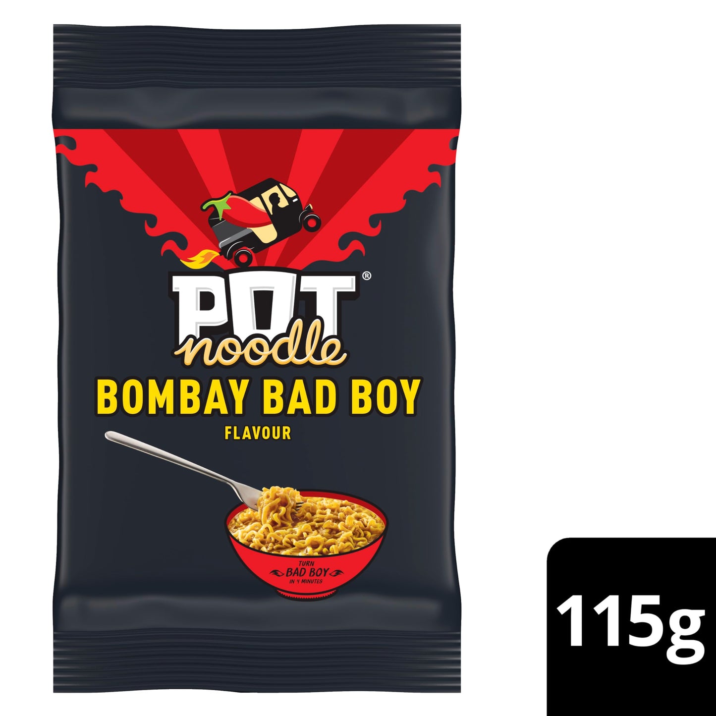 Pot Noodle Bombay Bad Boy Instant Noodles Block with sauce and seasoning sachets for quick, filling and delicious noodles 115 g