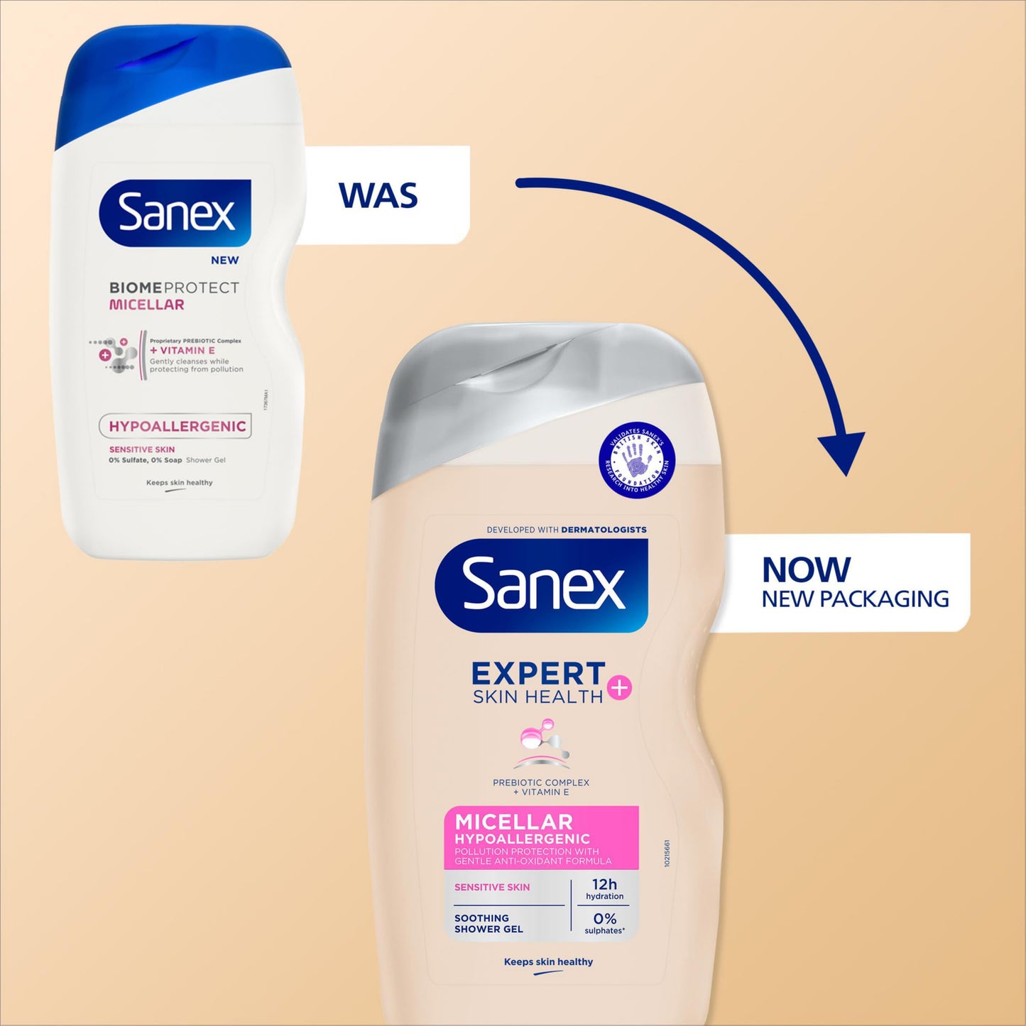 Sanex Expert Skin Health + Micellar Hypoallergenic Shower Gel 515ml, for sensitive skin, body wash for men & women, helps protect skin from pollution, gentle antioxidant formula, with vitamin E