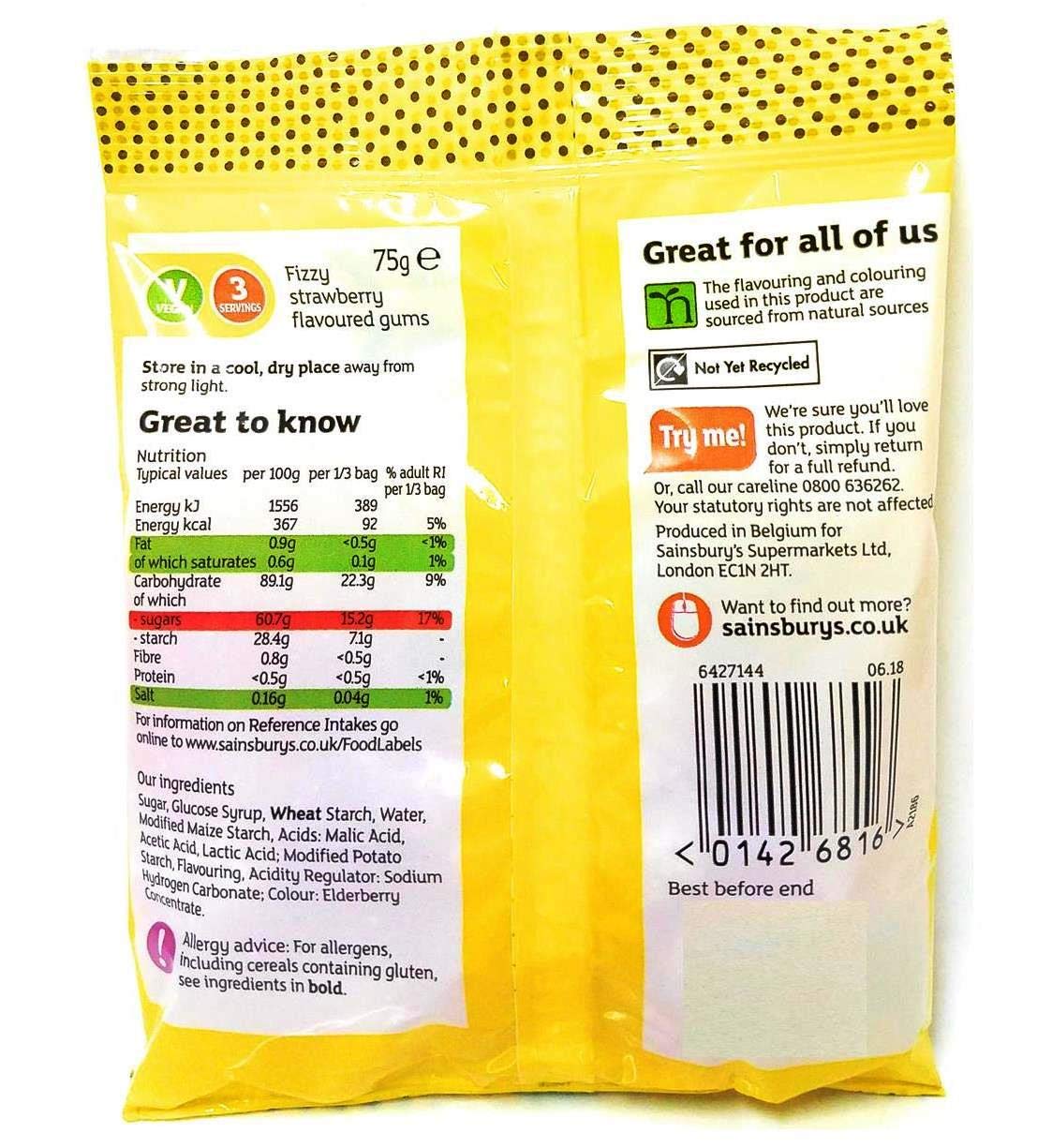 Sainsbury's Fizzy Fangs | Strawberry Flavour Gum Sweets | 4 x 75g Bags | Vegan & Vegetarian | No Gelatine Free
