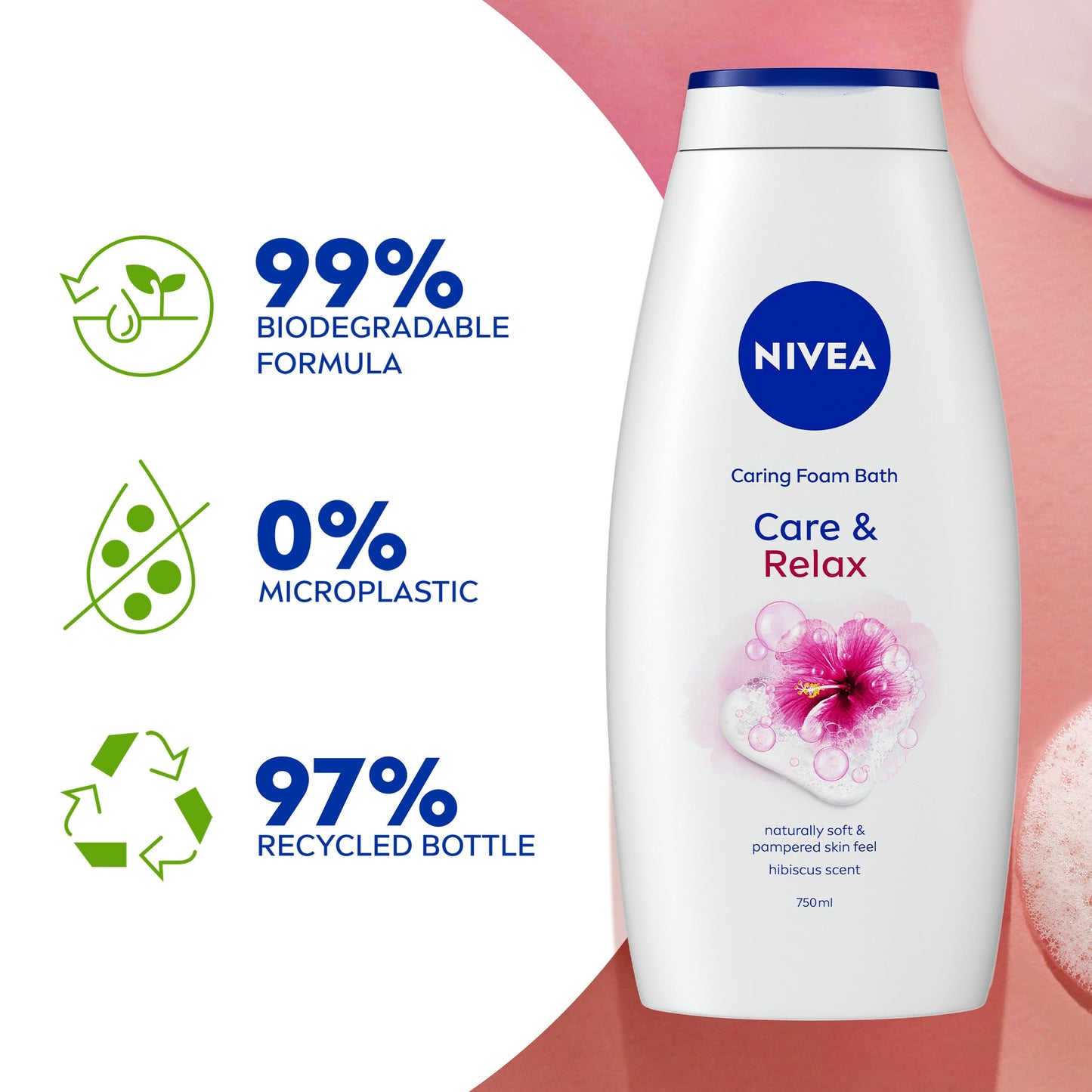 NIVEA Caring Foam Relax Shower & Bath Foam (750ml), Nourishing Bath Cream with Hibiscus Scent to Leave Skin Feeling Soft, Smooth and Moisturised