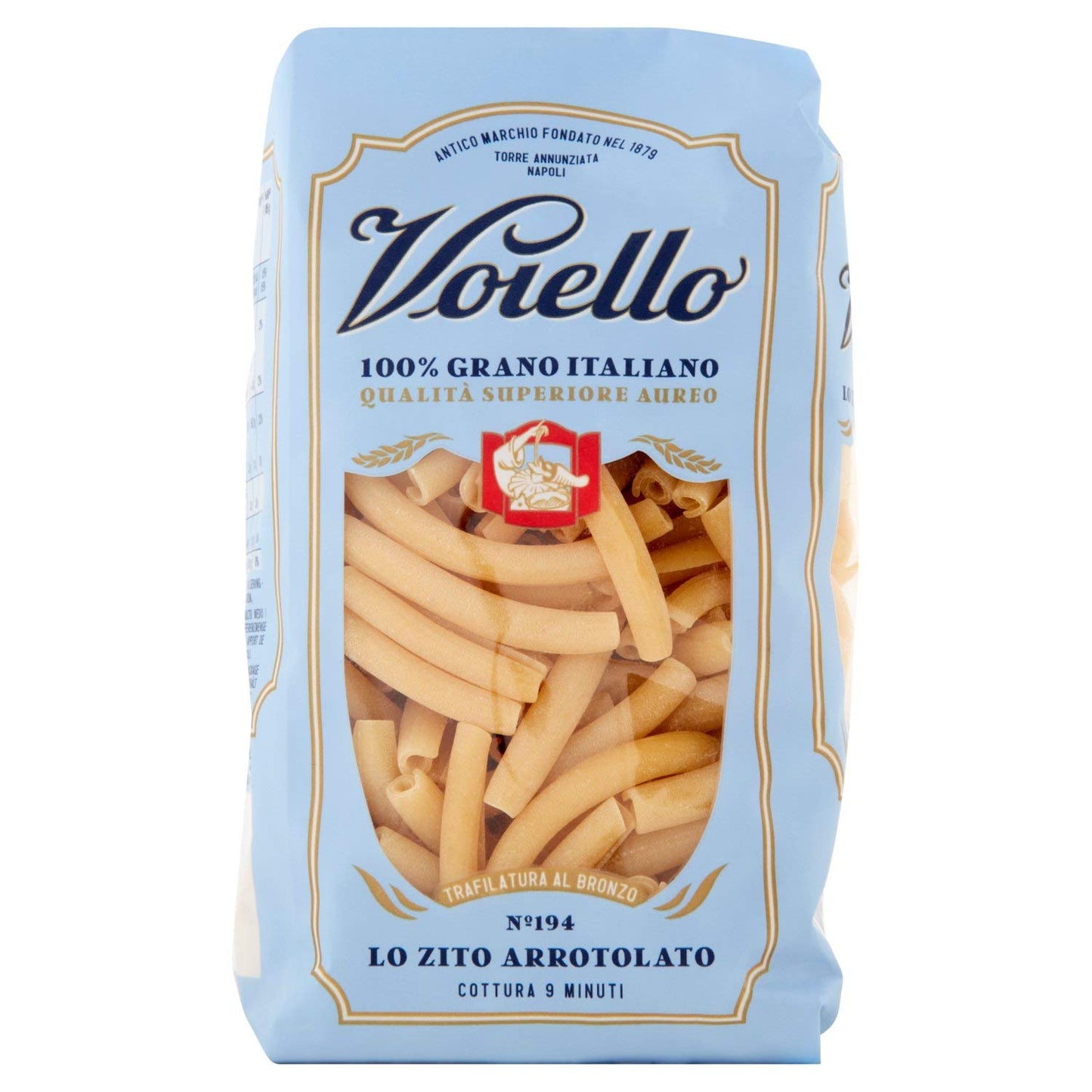 Voiello No. 194 Rolled Ziti Paste, 100% Italian Aureo Grain Paste, Bronze, Ruvida and Tenace Short Grain Paste 500 g
