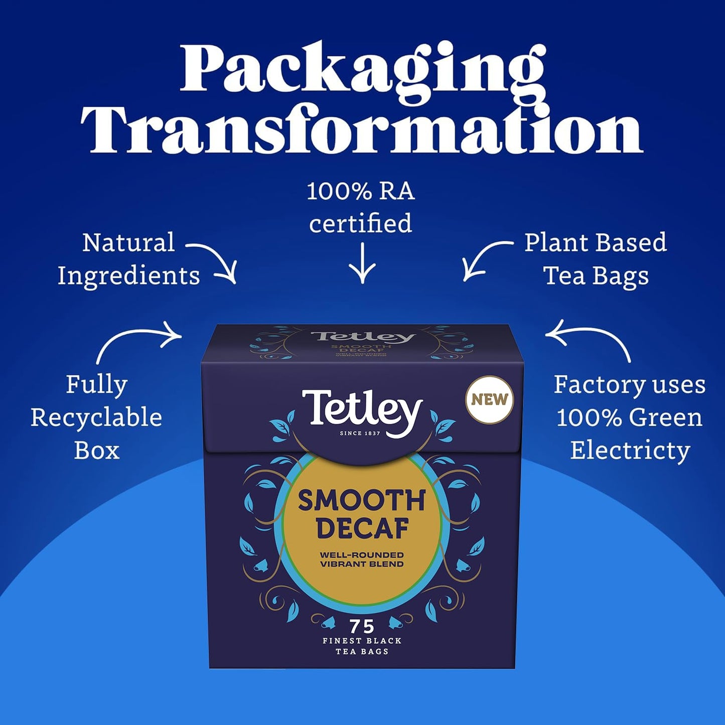 Tetley Smooth Decaf Tea, 75 Teabags - Rainforest Alliance Certified Decaf Tea Bags - Rich, Smooth Taste for a Full Flavoured British Brew at Breakfast or Anytime