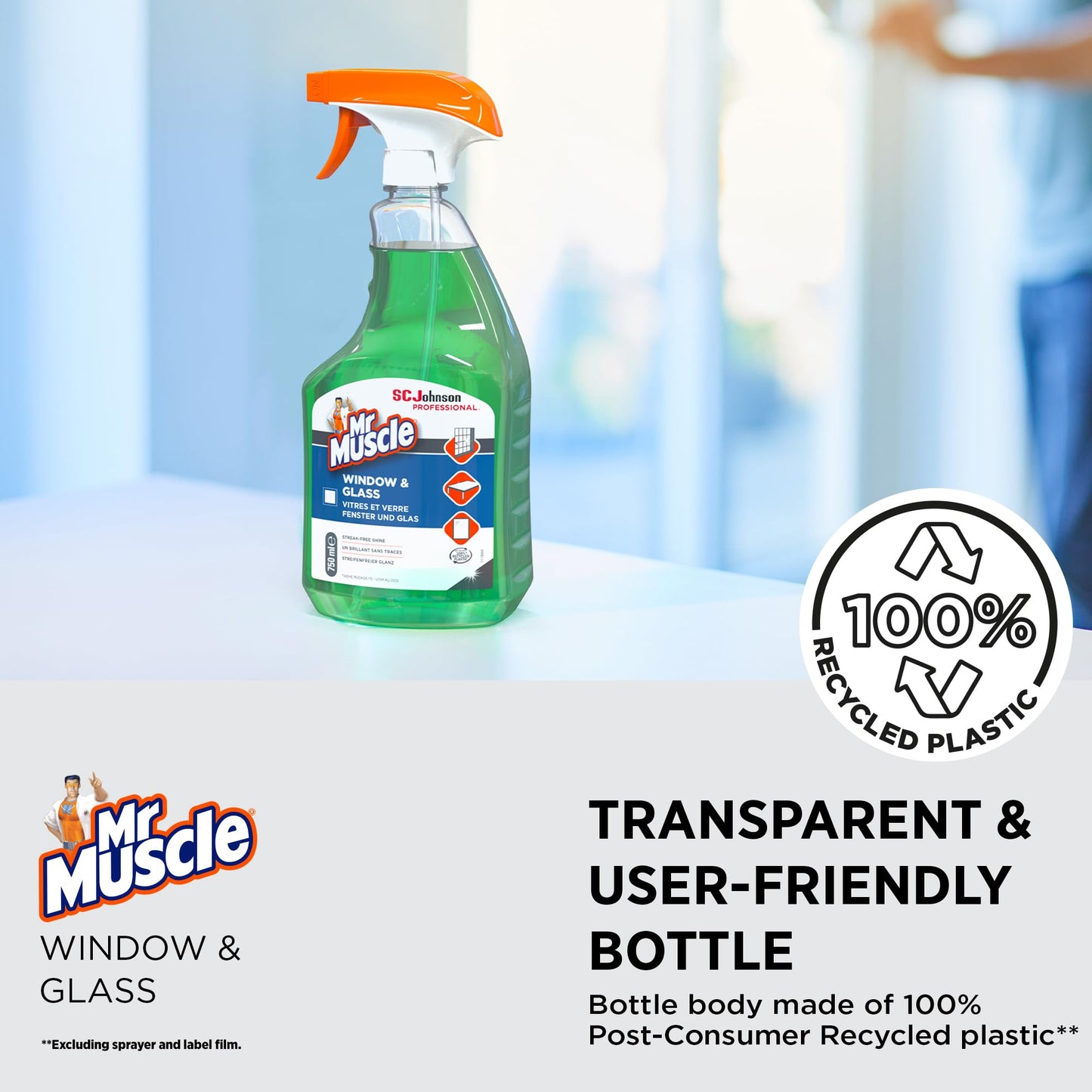 SC Johnson Professional Mr Muscle Window & Glass Cleaner – Streak-Free Shine – Vinegar Power – Removes Smudges & Fingerprints – 750ml Spray – For Professional Use Only