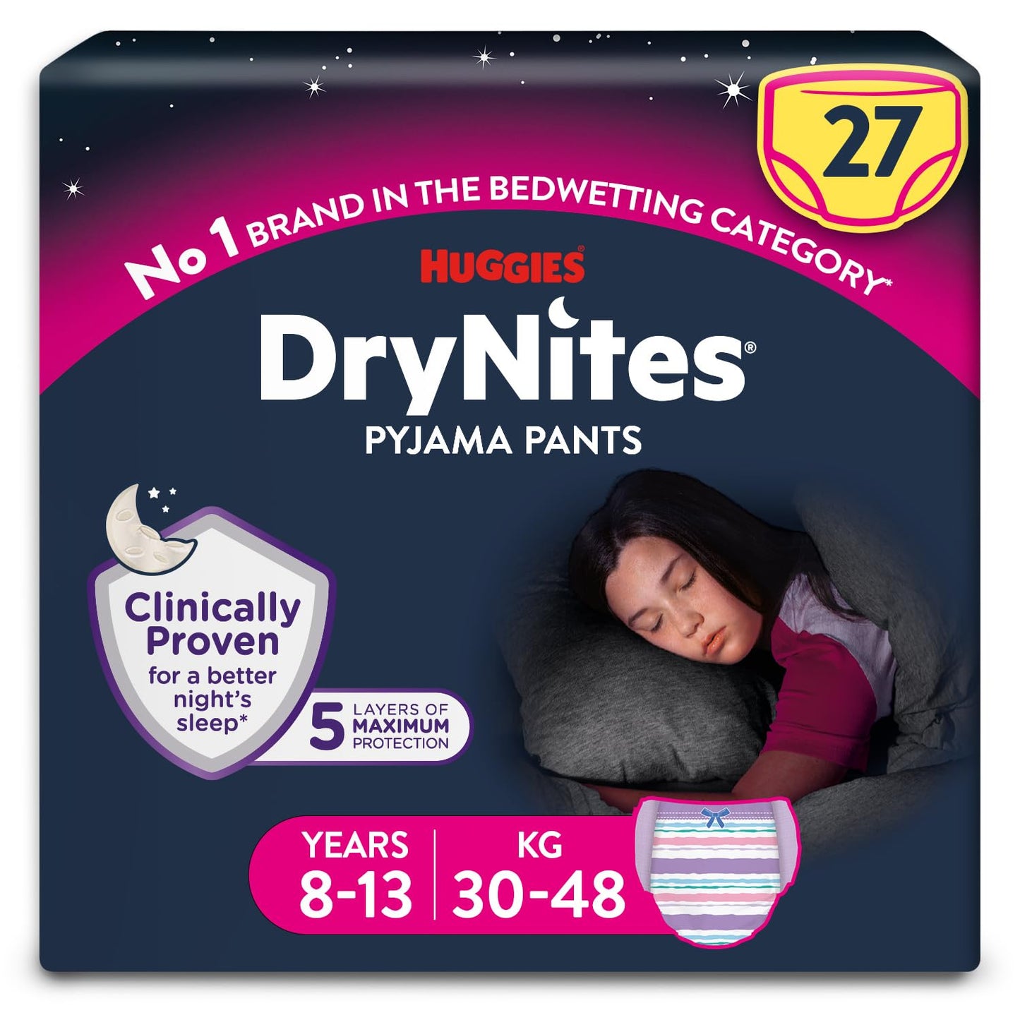 Huggies DryNites Pyjama Pants, Girls 4-7 Years (17-30KG), Up to 100% Leak Free Nights, Bedwetting Pants, 64 Count