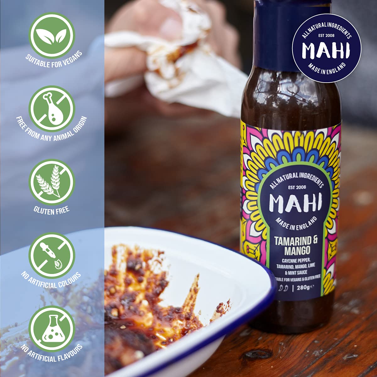 MAHI Tamarind & Mango Sauce - Sweet and Sour Chilli Sauce Mild Spicy Heat, Perfect for BBQs & Every Day, Gluten Free (GF) Vegan Sauce, 280g
