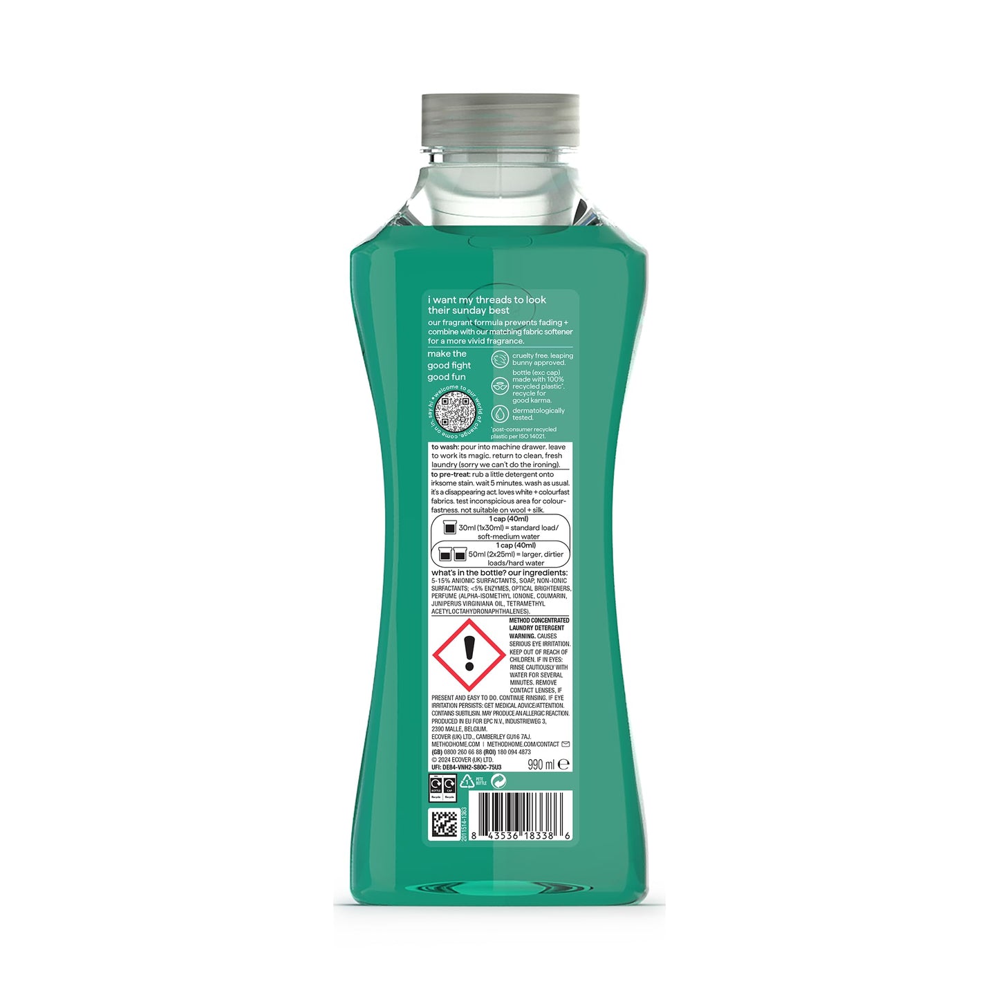 method Concentrated Laundry Detergent, Washing Liquid Fresh Tropical Coconut Scent, 1 x 33 Washes, 1 x 990ml