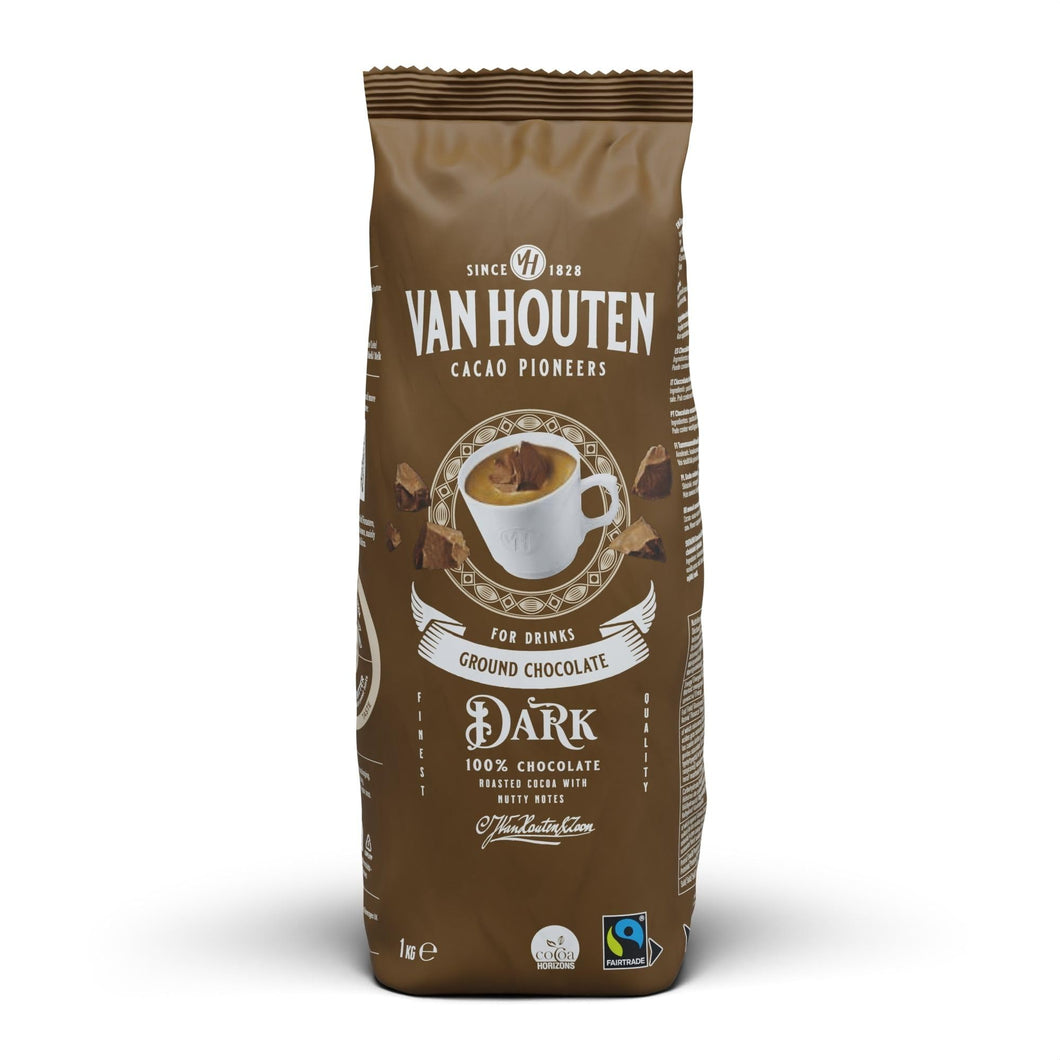 Van Houten Dark Ground Chocolate 1 x 1kg. 100% Chocolate. Serve Hot or Cold