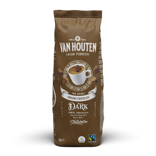 Van Houten Dark Ground Chocolate 1 x 1kg. 100% Chocolate. Serve Hot or Cold