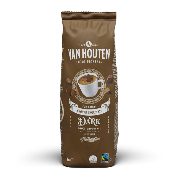 Van Houten Dark Ground Chocolate 1 x 1kg. 100% Chocolate. Serve Hot or Cold