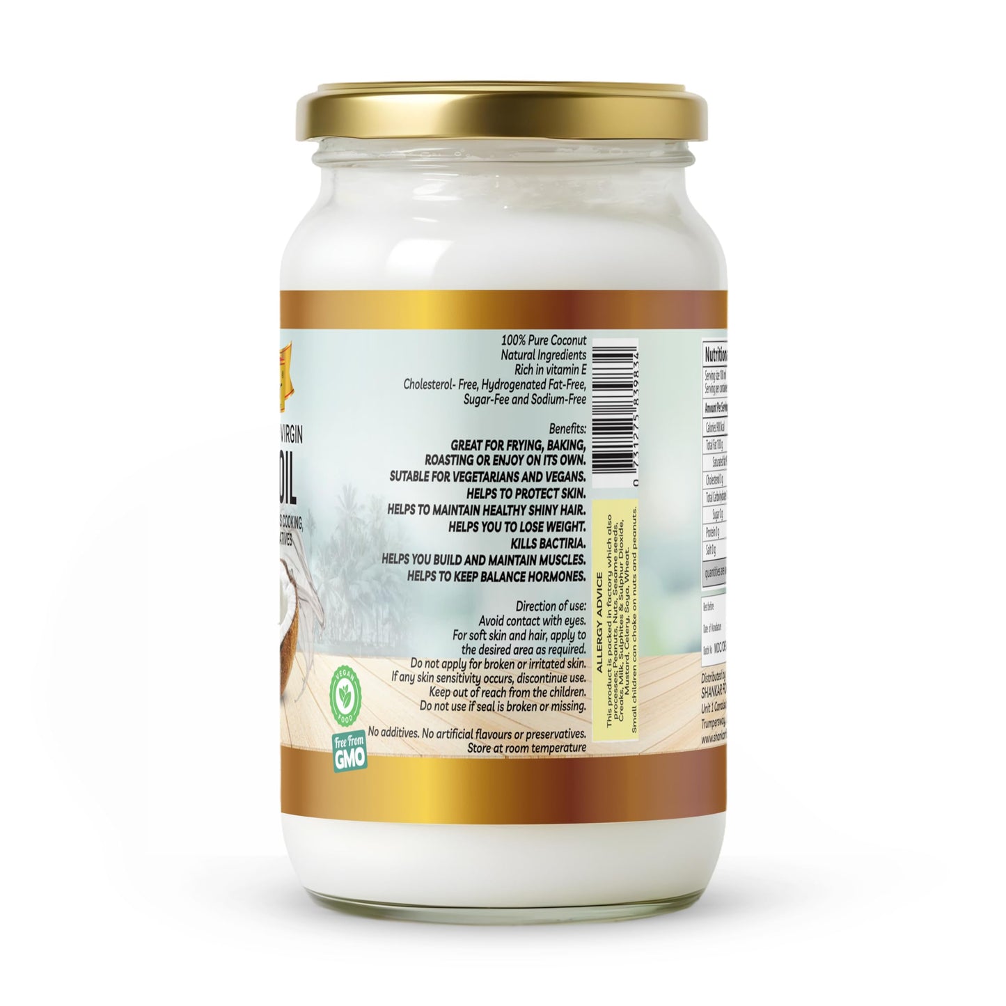 Shankar 100% Organic Coconut Oil 1L, Raw, Extra Virgin, Cold Pressed, Perfect for cooking, hair, and skin.