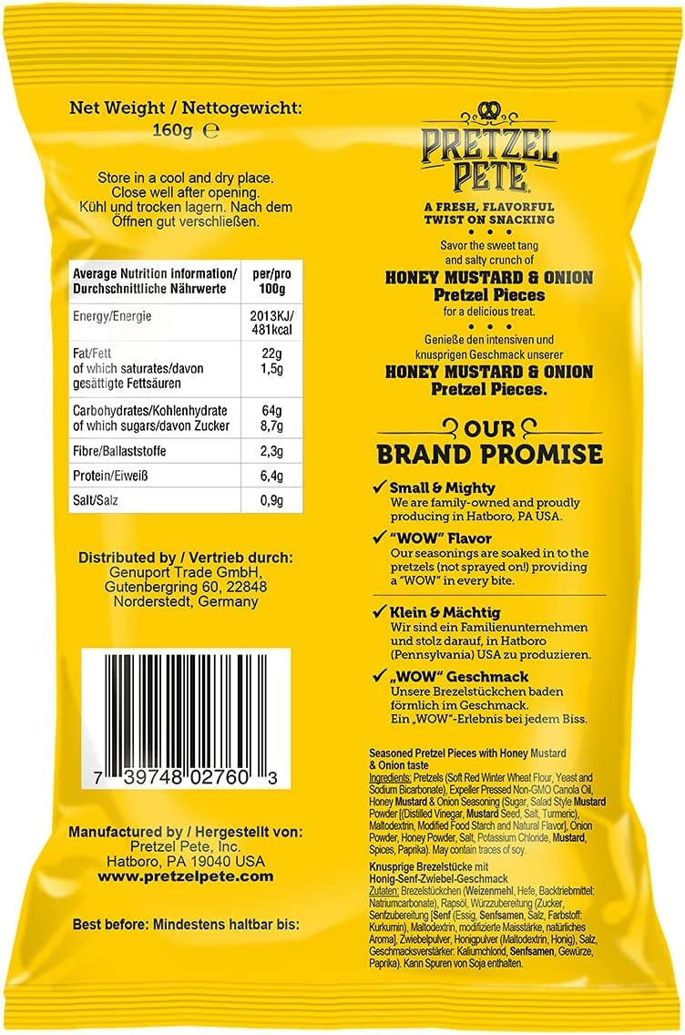 Pretzel Pete Honey Mustard & Onion 8 x 160g