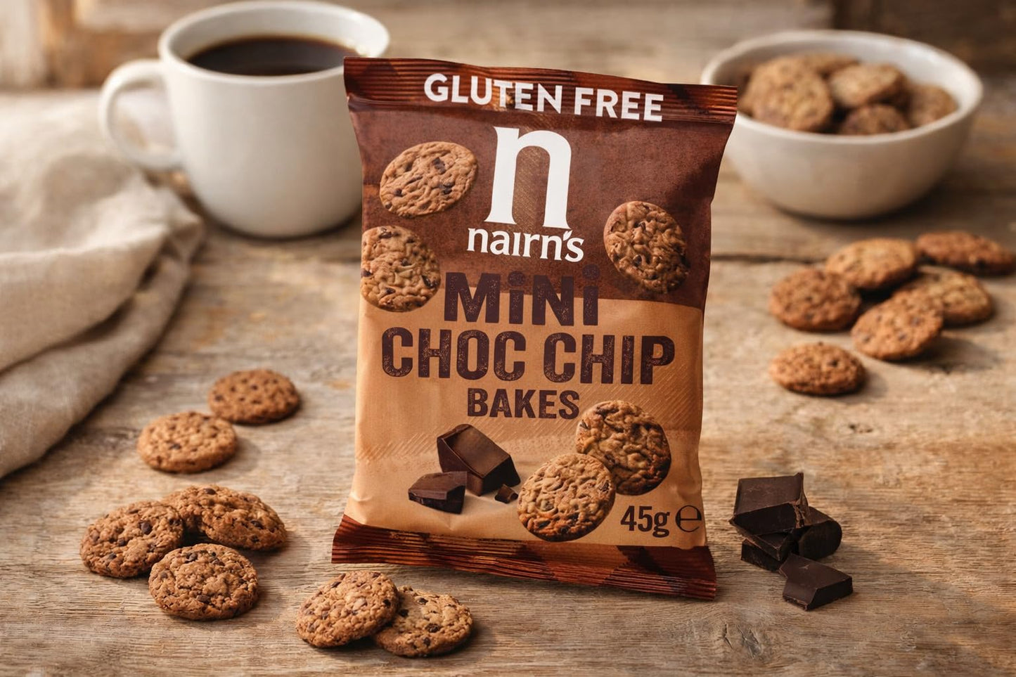 Nairn's Gluten Free Mini Choc Chip Bakes - 45g (Pack of 12) - Wholegrain Oats - Source of Fibre - Healthy Cheese Snacks - Suitable for Coeliacs