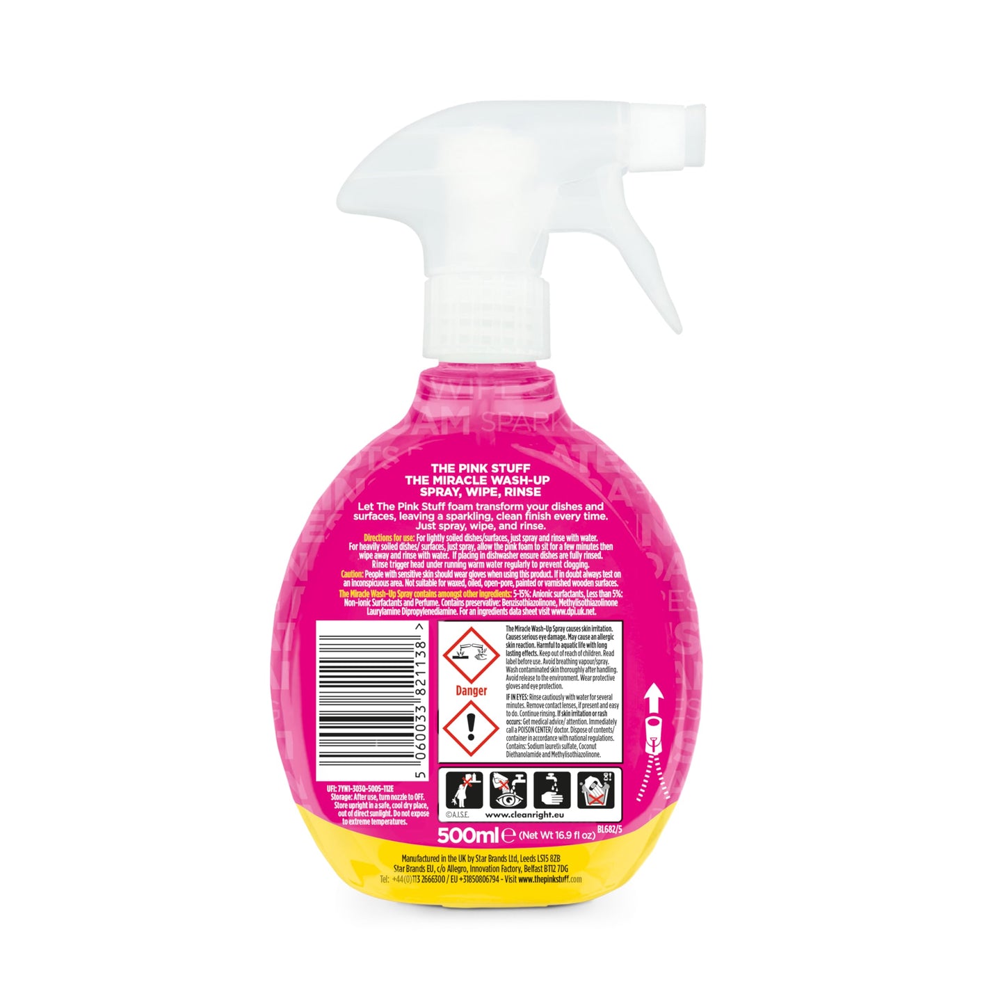 The Pink Stuff Miracle Wash-Up Spray - Fast Acting Foaming Washing Up Liquid for Dishes Pots Pans & Kitchen Surfaces - Spray Wipe & Rinse Formula Cuts Grease & Leaves a Sparkling Clean Finish - 500ml
