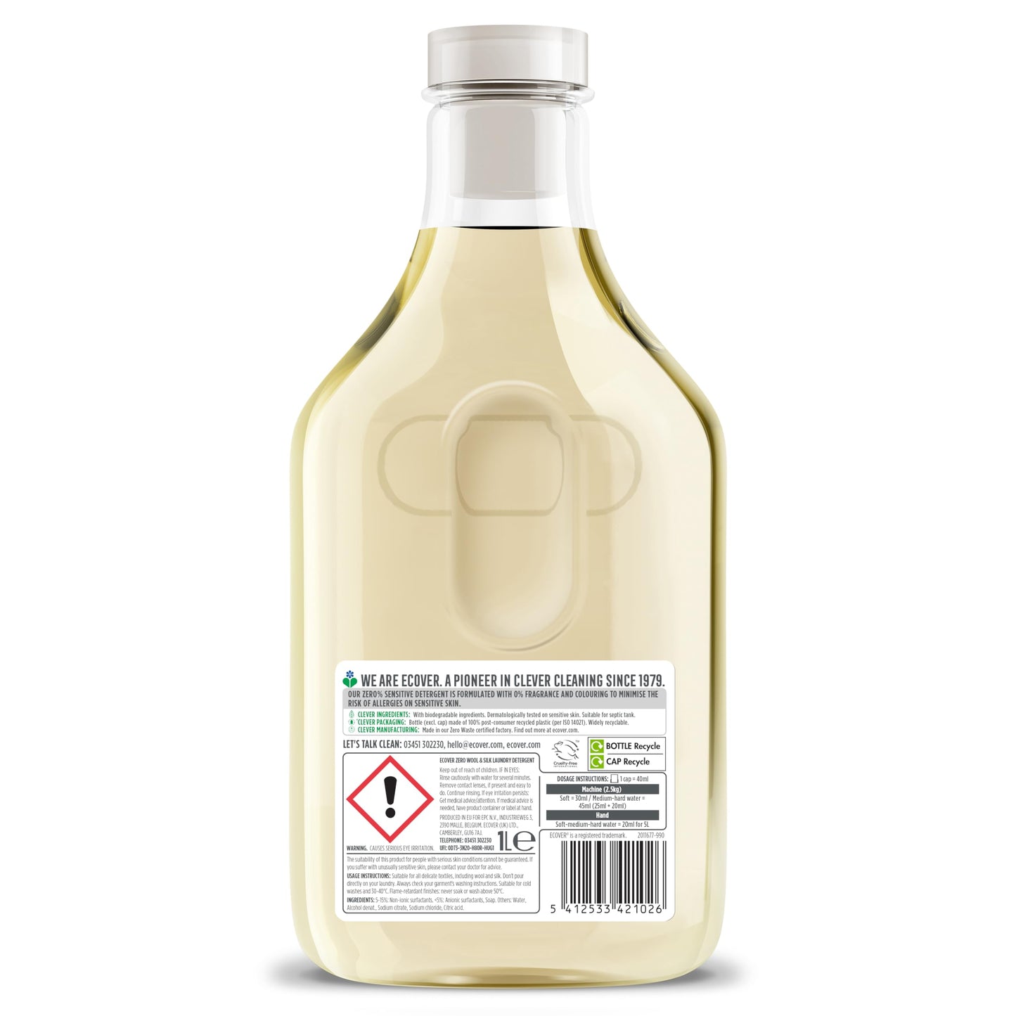 Ecover Non-Bio Zero Wool and Mild Detergent, Liquid Detergent, Mild Detergent for Allergy Sufferers and Sensitive Baby Skin, 22 Loads, 1 Litre