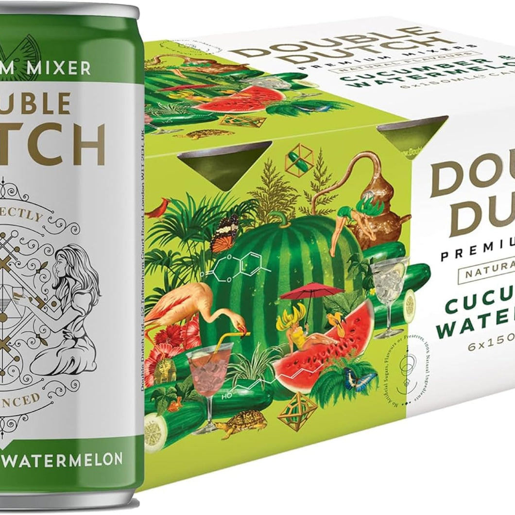 Double Dutch Cucumber & Watermelon Soda | Low Calorie Diet Soft Drink | 100% Natural Ingredients | Gluten Free, Vegan Friendly Premium Mixer Perfect For Gin, Vodka & Cocktails | 6 x 150ml Cans
