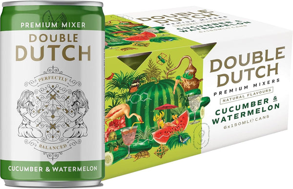 Double Dutch Cucumber & Watermelon Soda | Low Calorie Diet Soft Drink | 100% Natural Ingredients | Gluten Free, Vegan Friendly Premium Mixer Perfect For Gin, Vodka & Cocktails | 6 x 150ml Cans