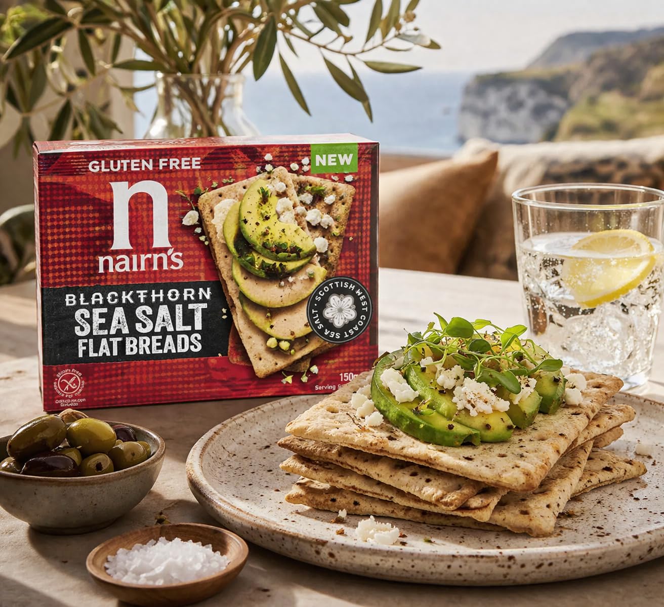 Nairn's Gluten Free Blackthorn Sea Salt Flatbreads - 150g (Pack of 3) - Wholegrain Oats - High in Fibre - Plant Based Flatbreads - Healthy Snacks - Suitable for Coeliacs