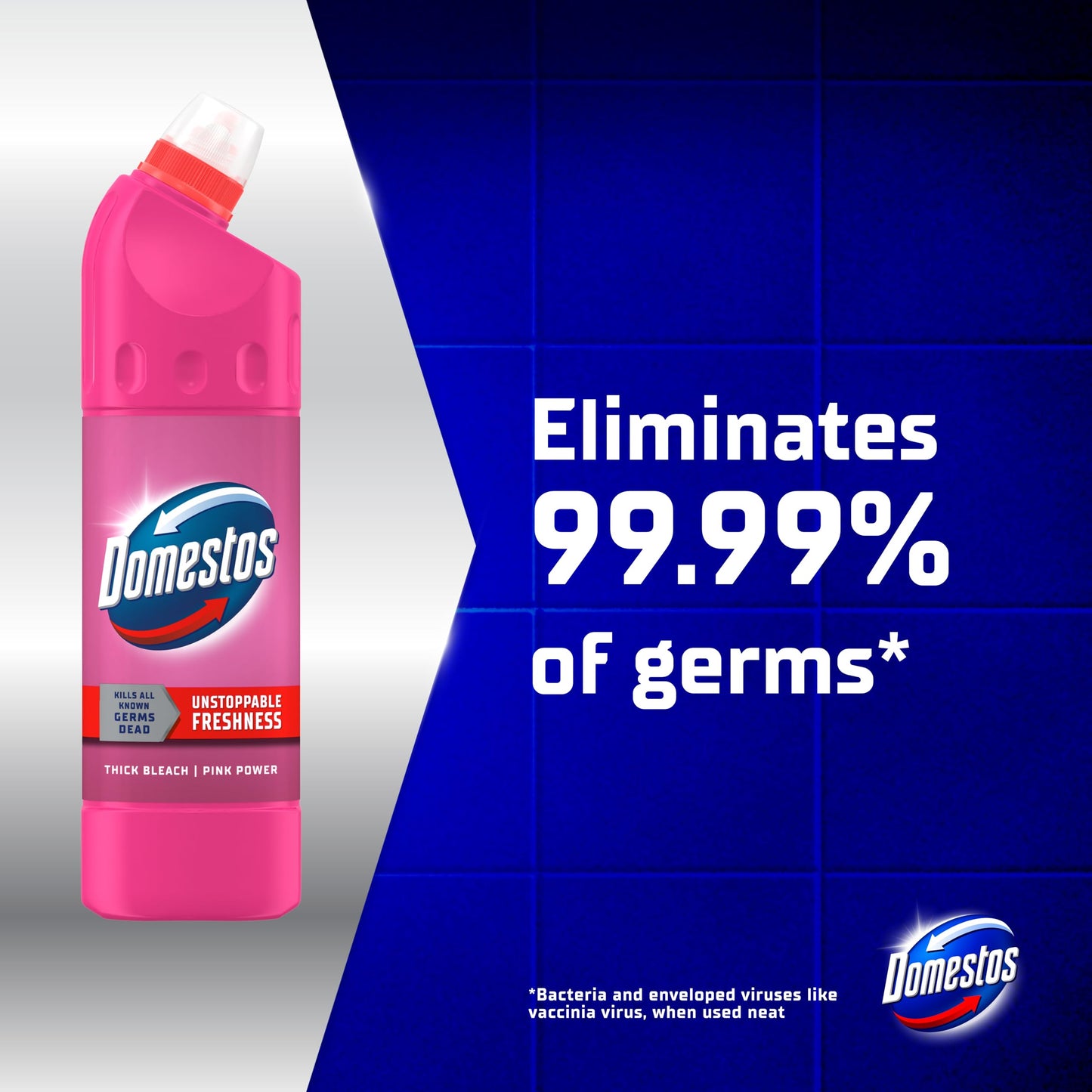 Domestos Pink Power Thick Bleach eliminates 99.9% of bacteria and viruses disinfectant to prevent the build-up of limescale for up to 3x longer 750 ml