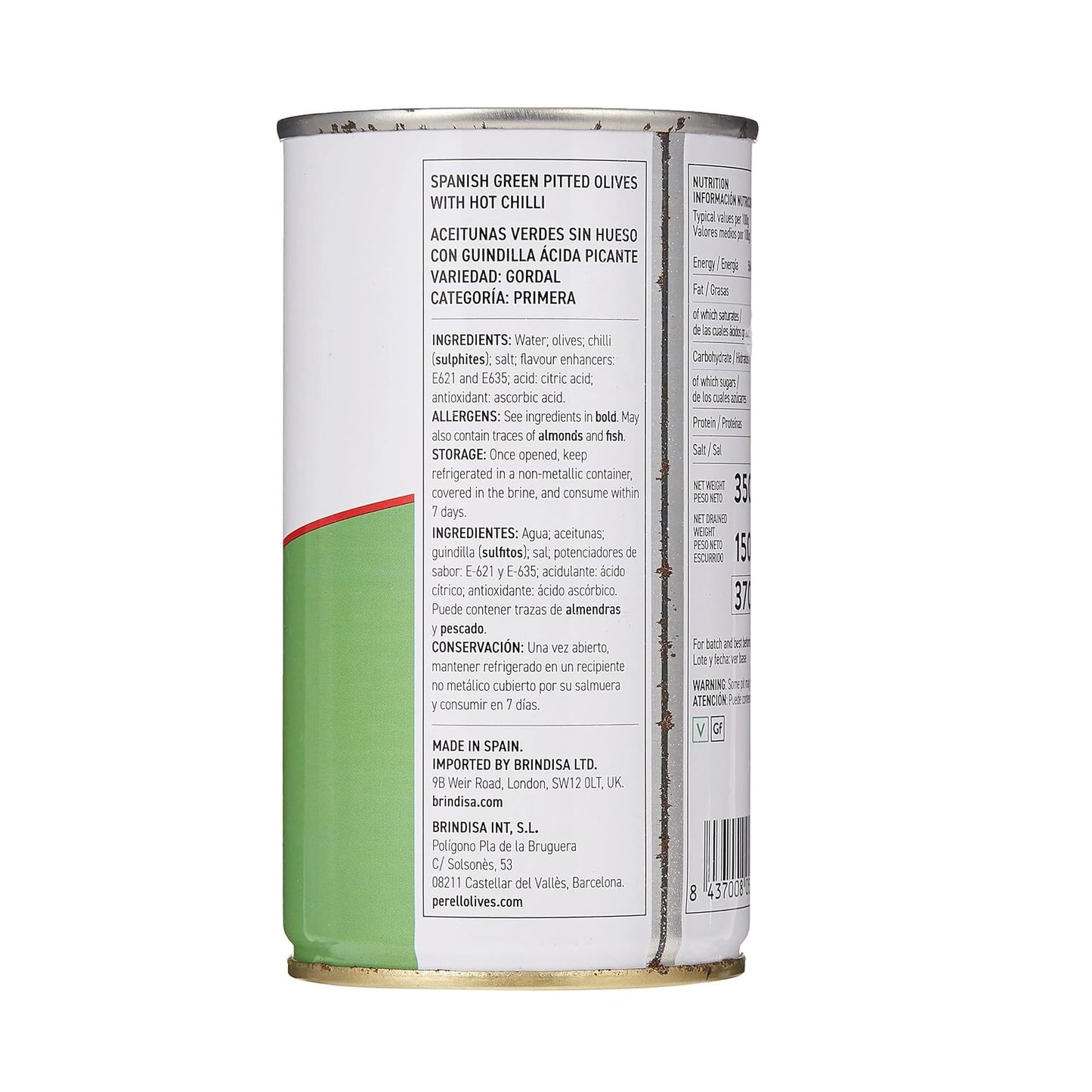 Perelló Gordal Picante Pitted Olives - 350g (150g Drained), Pack of 4, Spanish Green Olives - Spicy Gordal Olives, Perello Olives, Tinned Olives Pitted