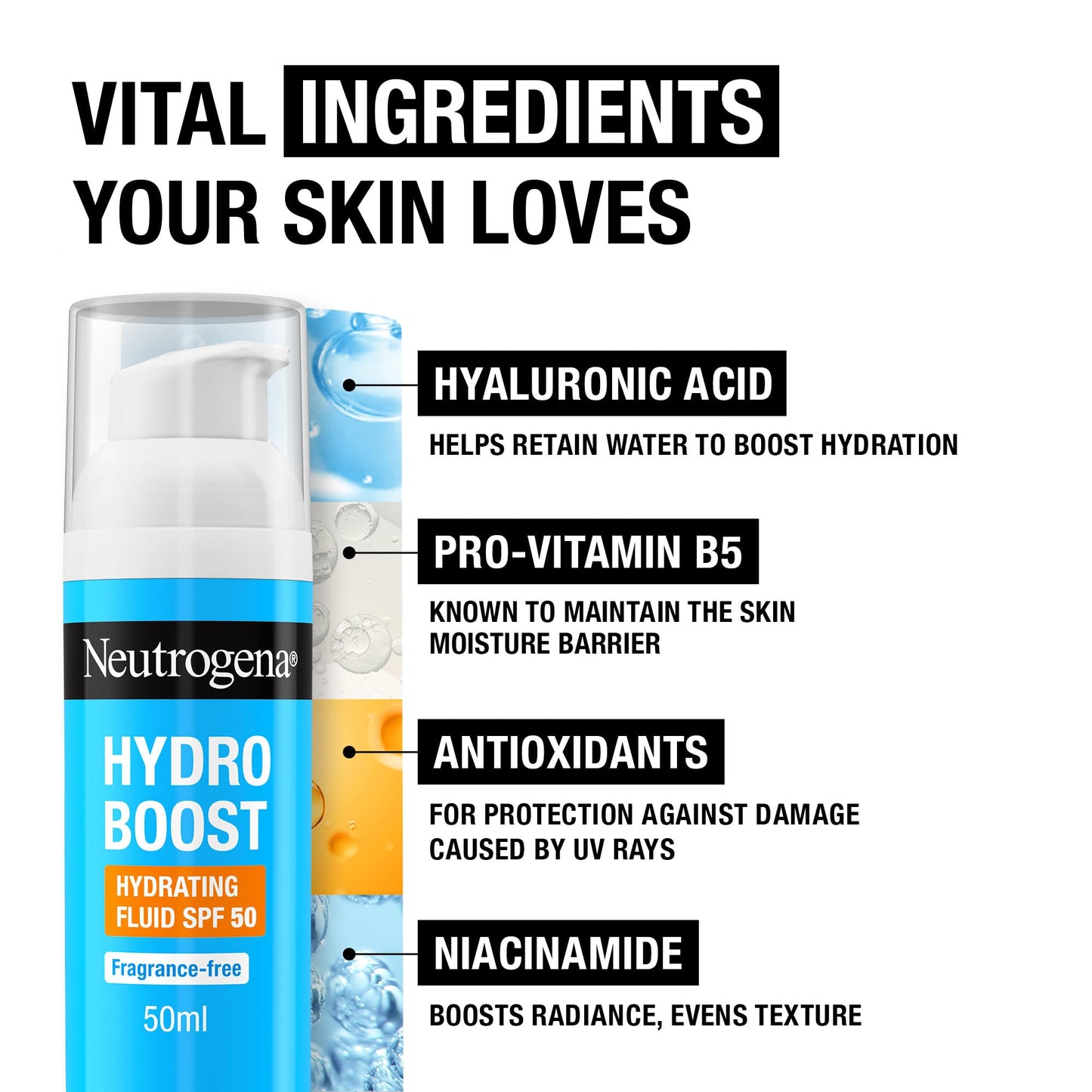 Neutrogena Hydro Boost Hydrating Face Fluid SPF 50, with Hyaluronic Acid, Pro-Vitamin B5 and Niacinamide, Broad Spectrum for Dry Skin, 50ml
