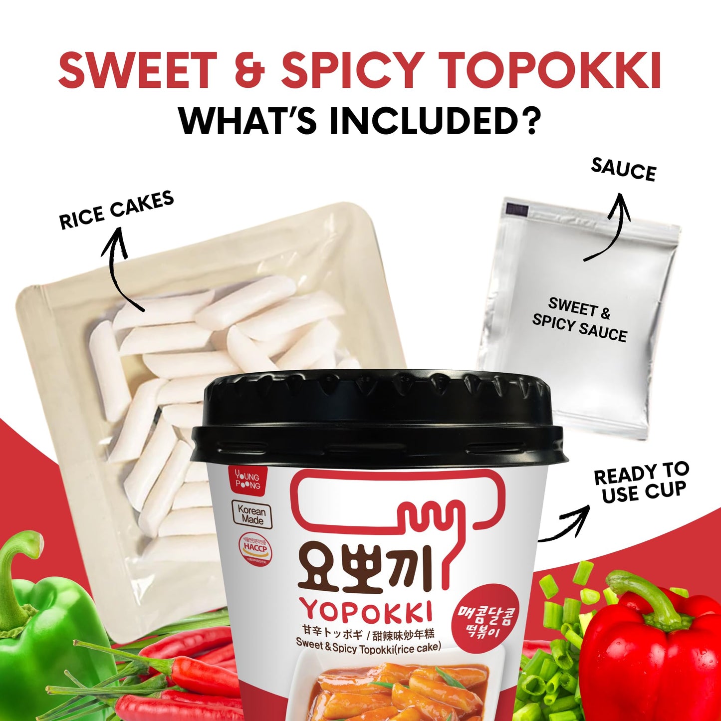 Yopokki Pack of 3 | Available in Cheese, Sweet & Spicy, Jjajang Rice Cake Cup Topokki Tteokbokki - Instant Korean Snack