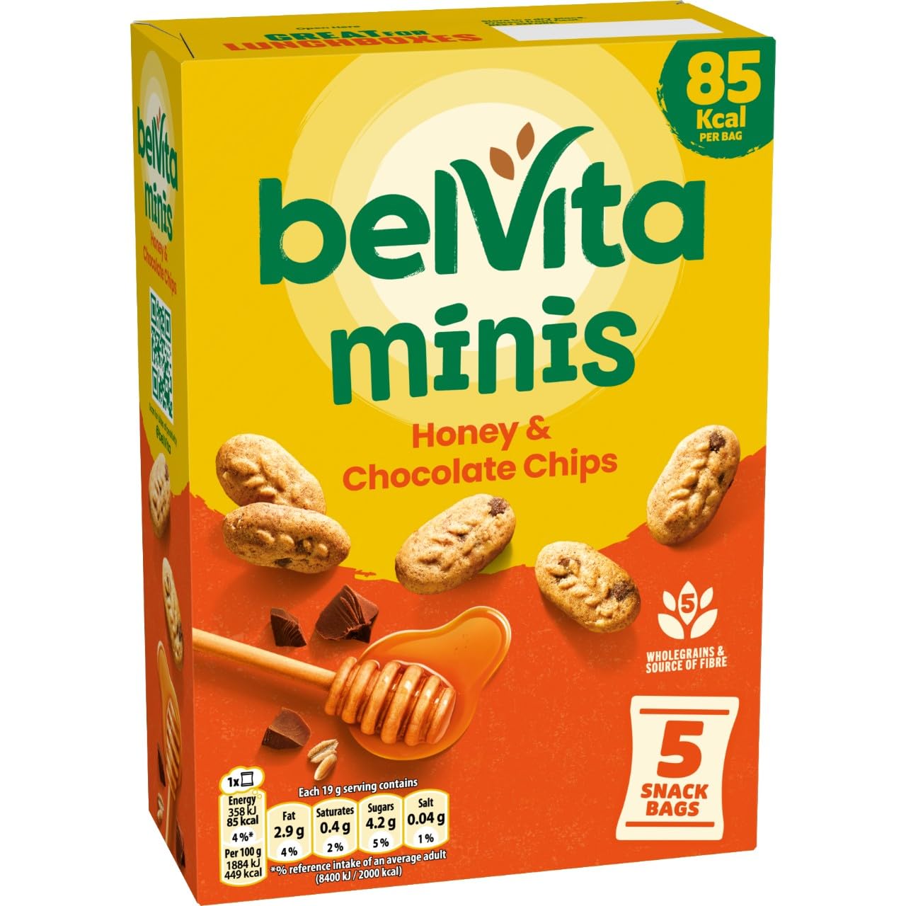 Belvita Minis, Honey & Chocolate Chips, 5 Snack Bags, 95 g (Pack of 1)