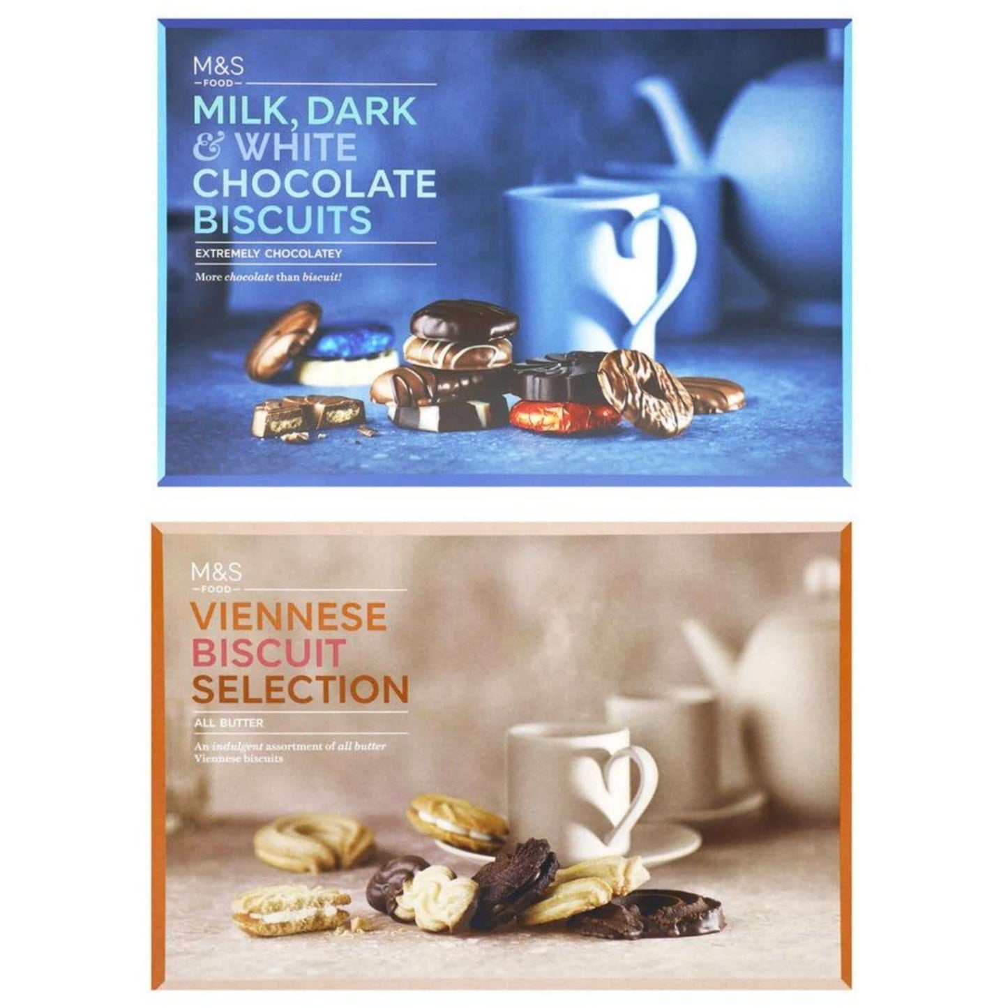 Marks and Spencers Extremely Chocolatey Milk Dark and White Chocolate Biscuits Assortment 450g Bundled with Marks and Spencers Viennese All Butter Biscuit Selection 450g